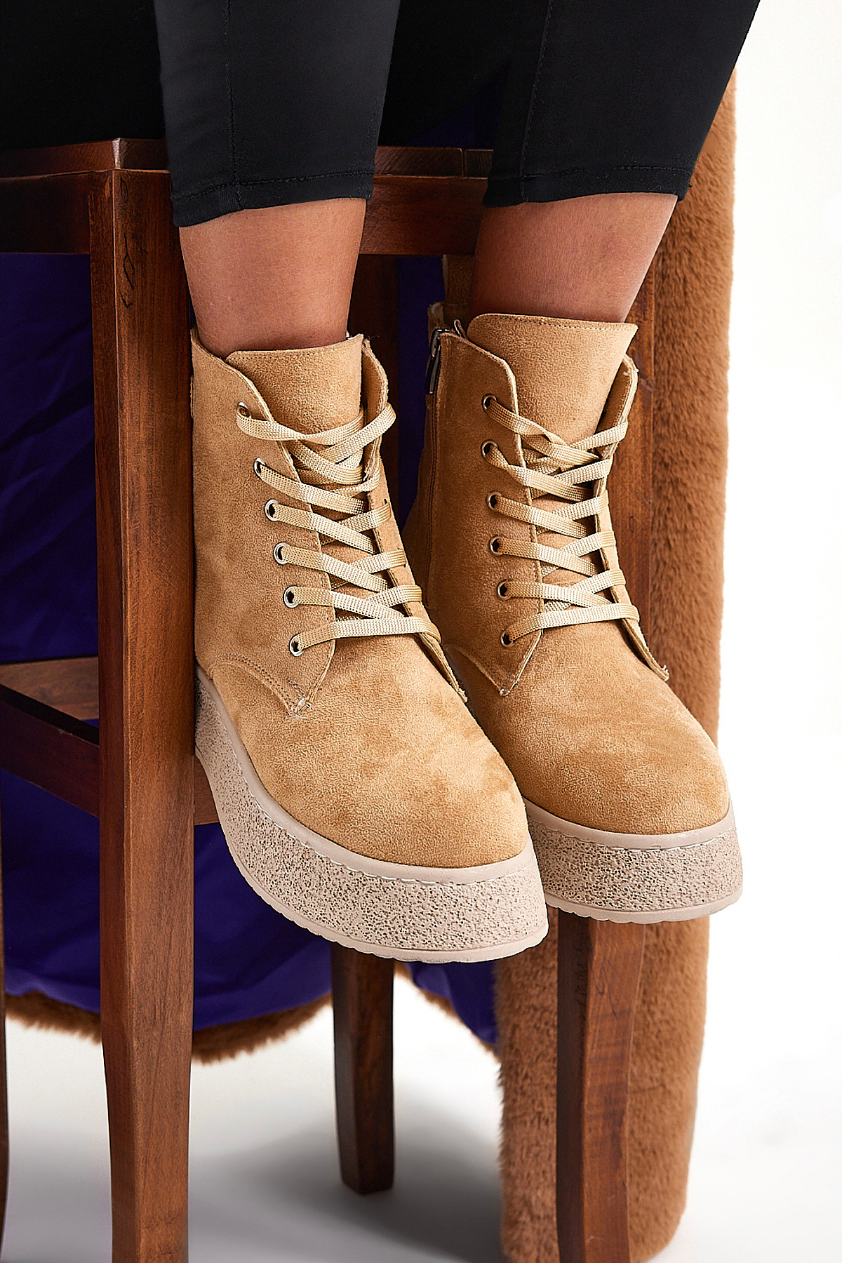 Kadın Nude Süet Yüksek Poli Taban Bağcıklı Süet Bot - Görsel 5
