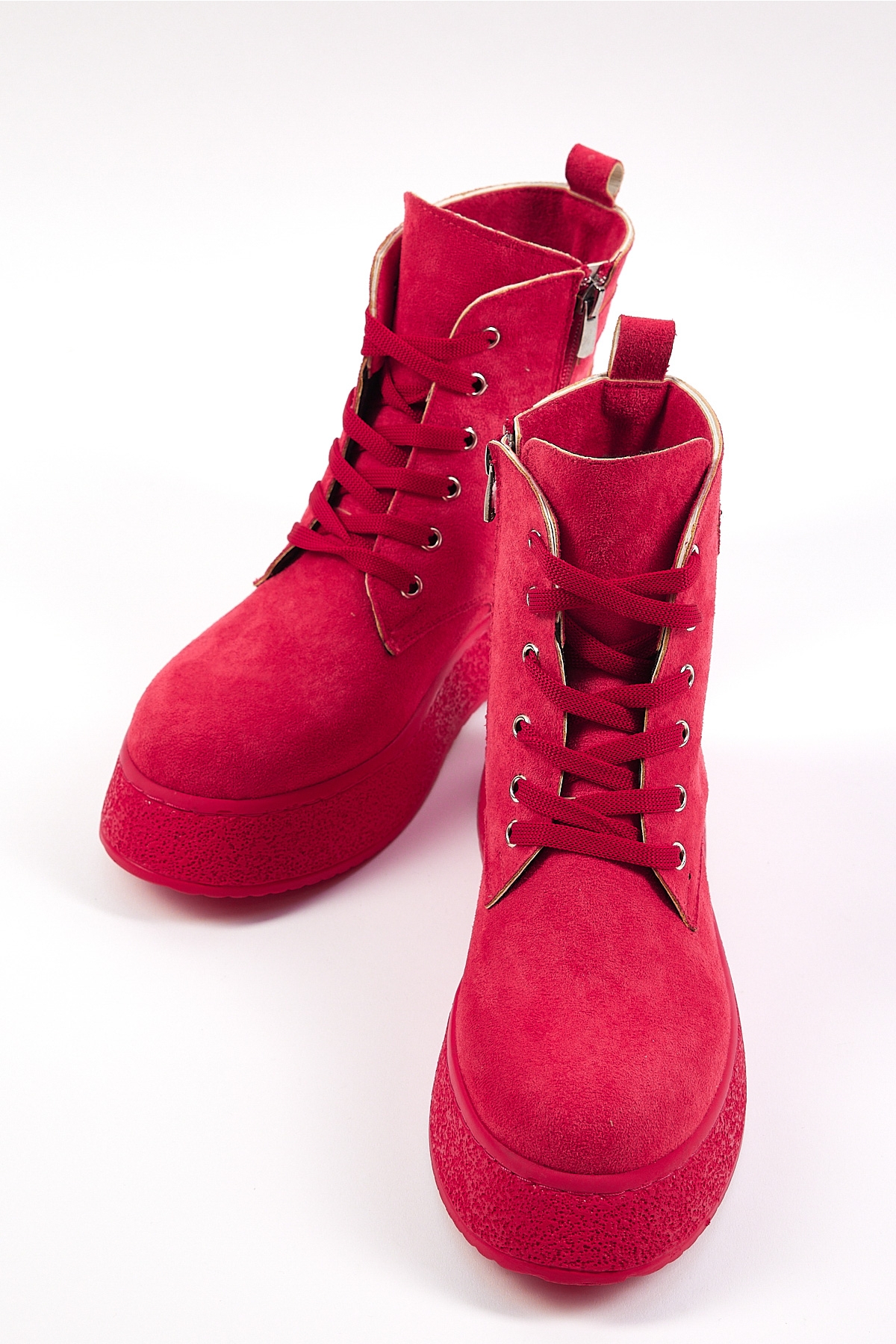 Kadın Kırmızı Süet Yüksek Poli Taban Bağcıklı Süet Bot - Görsel 3