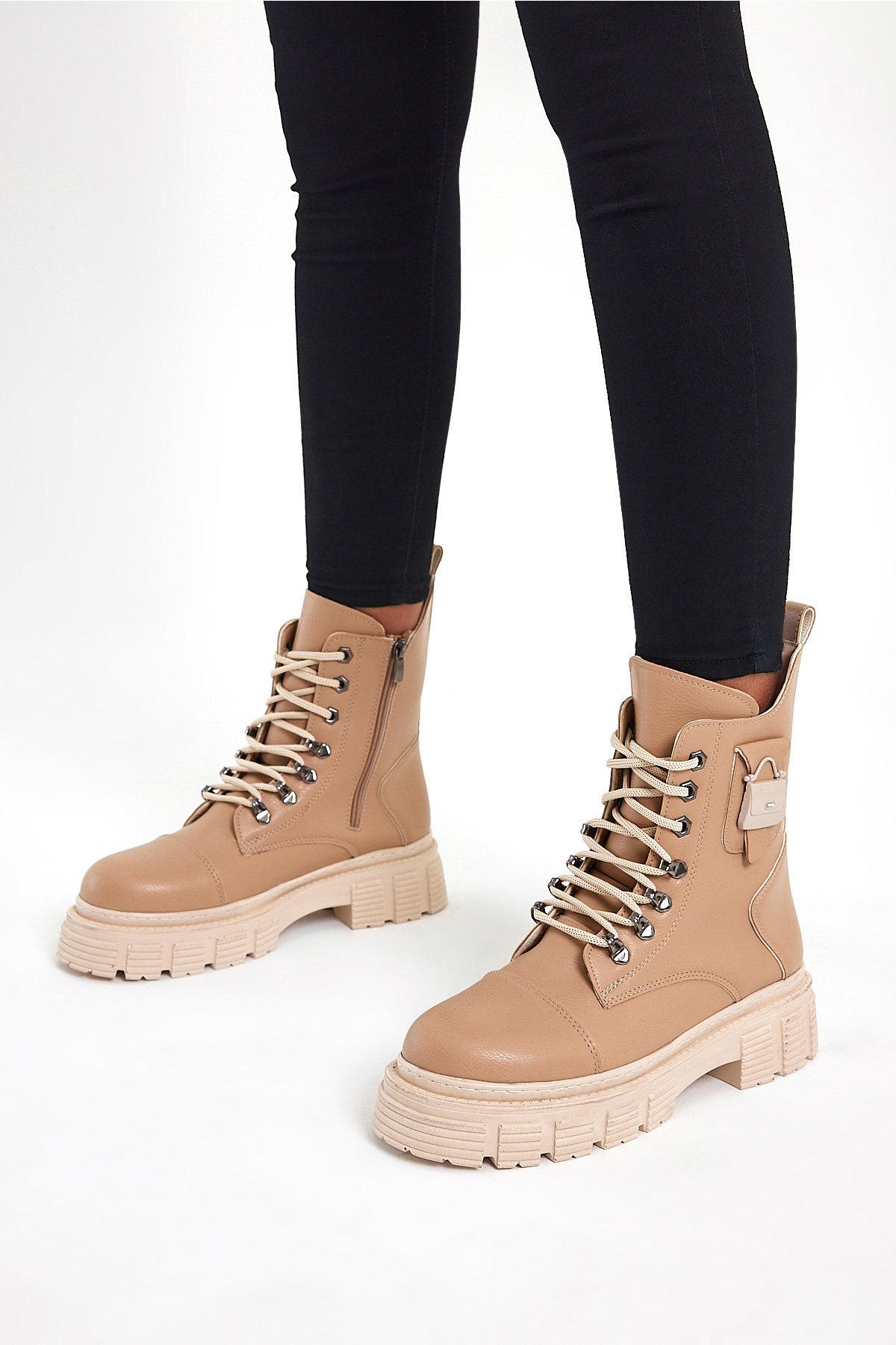 Kadın Nude Cilt Rahat Kalıp Yüksek Taban Tokalı Bağcıklı ve Fermuarlı Bot - Görsel 2