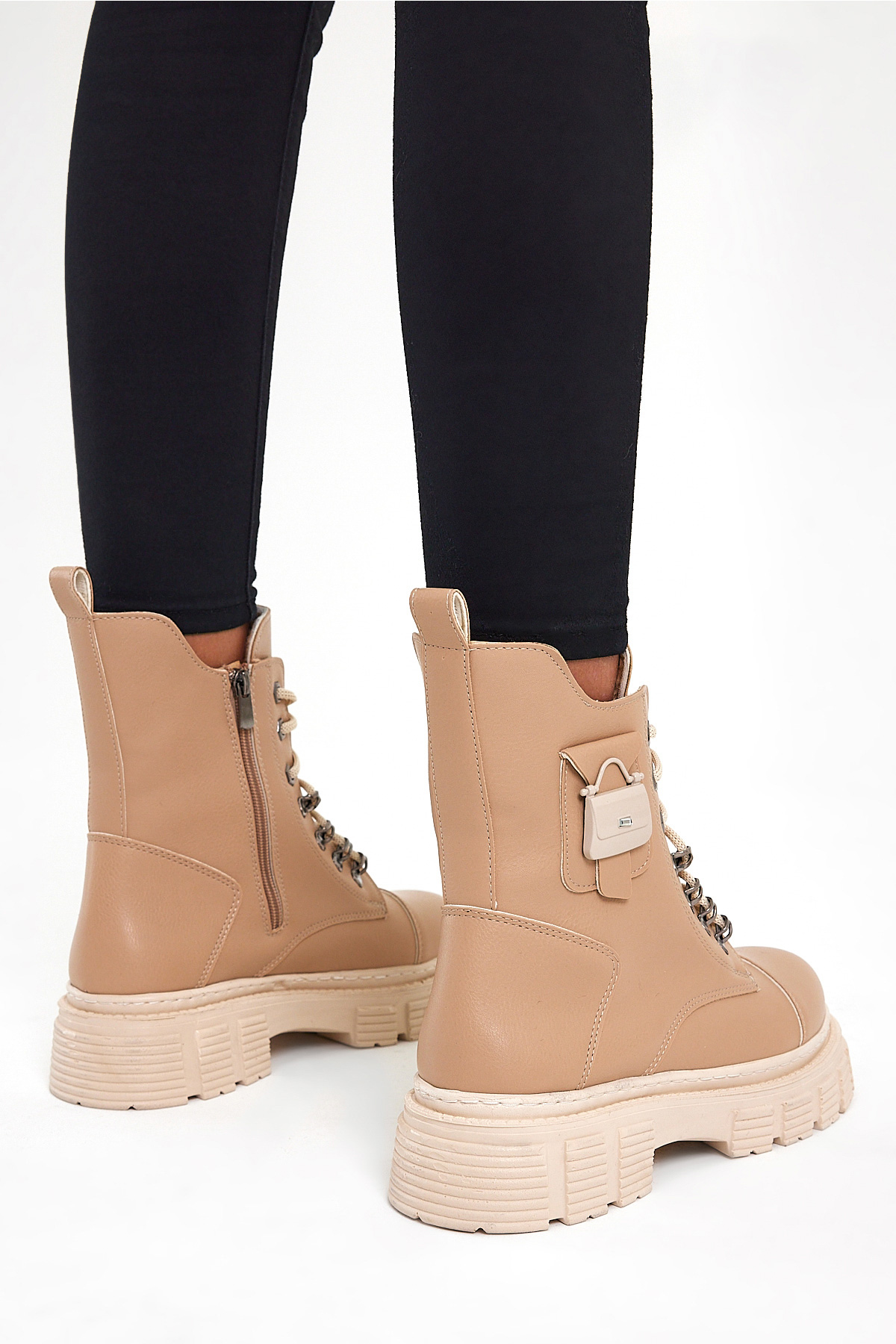 Kadın Nude Cilt Rahat Kalıp Yüksek Taban Tokalı Bağcıklı ve Fermuarlı Bot - Görsel 5