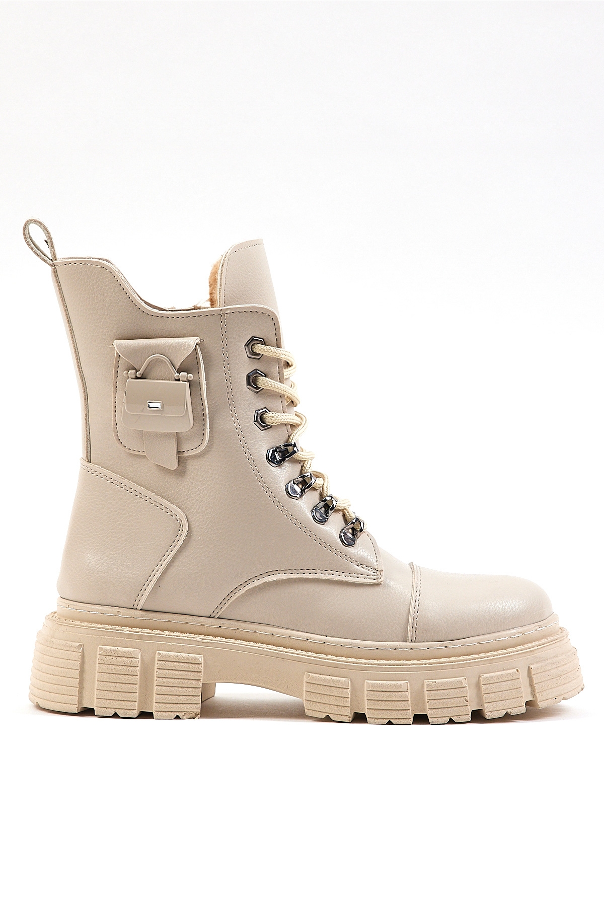 Kadın Bej Cilt Rahat Kalıp Yüksek Taban Tokalı Bağcıklı ve Fermuarlı Bot - Görsel 2