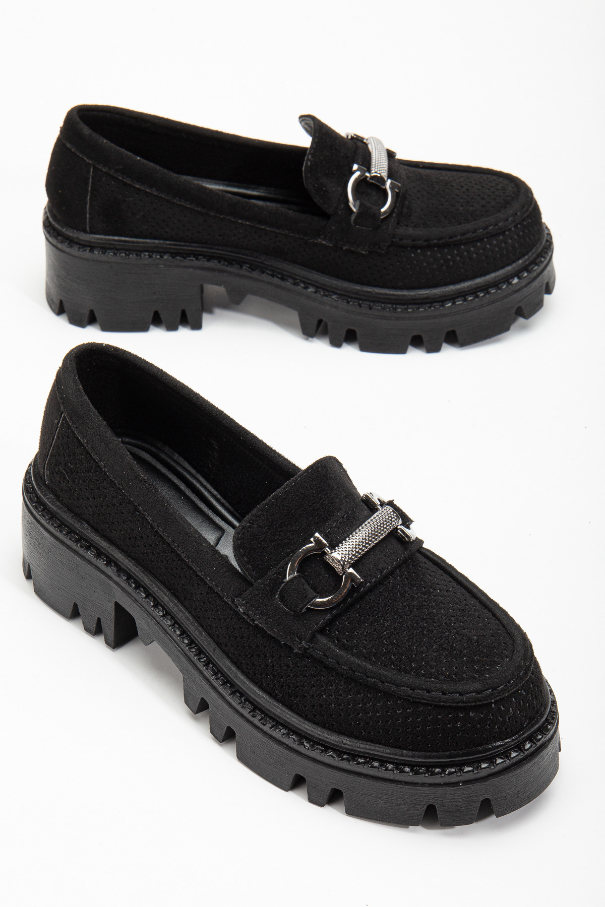 Kadın Siyah Süet Rahat Kalıp Yüksek Poli Taban Önü Tokalı Loafer - Görsel 3