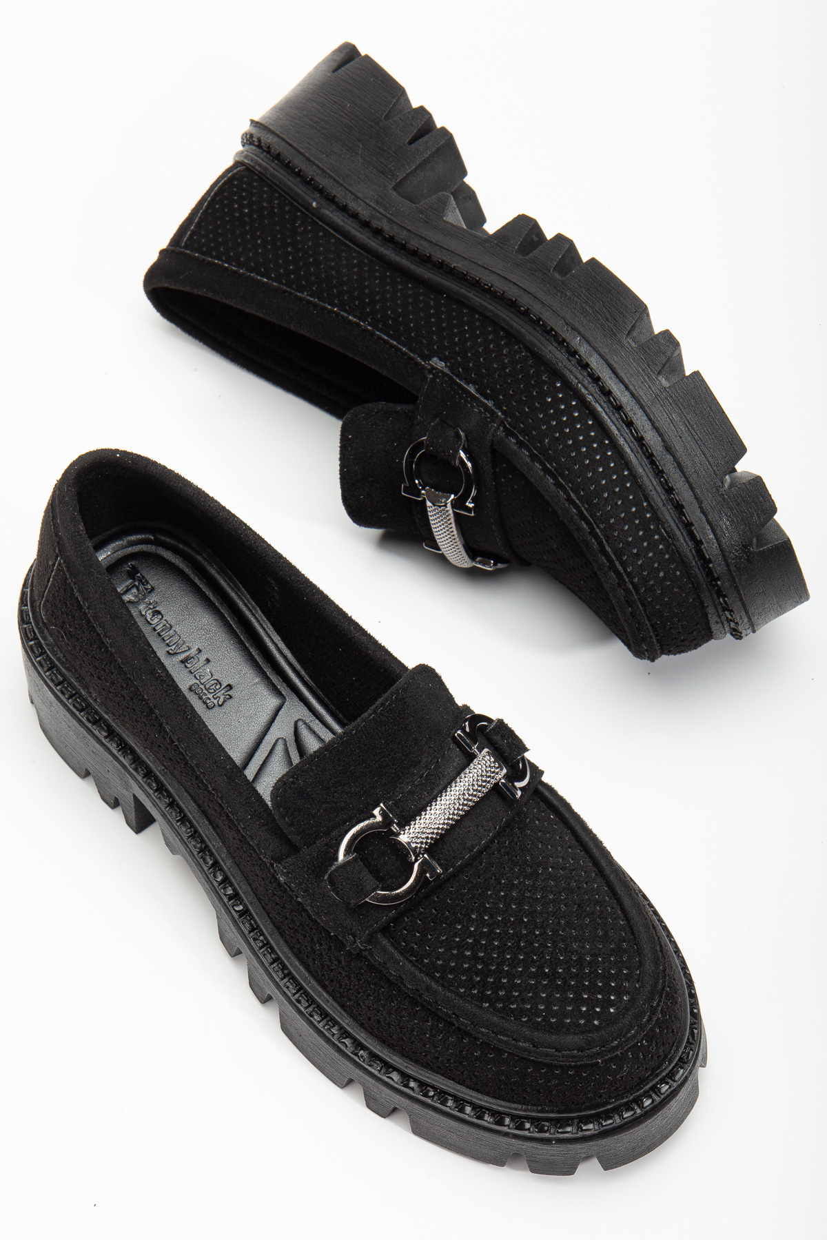 Kadın Siyah Süet Rahat Kalıp Yüksek Poli Taban Önü Tokalı Loafer - Görsel 5