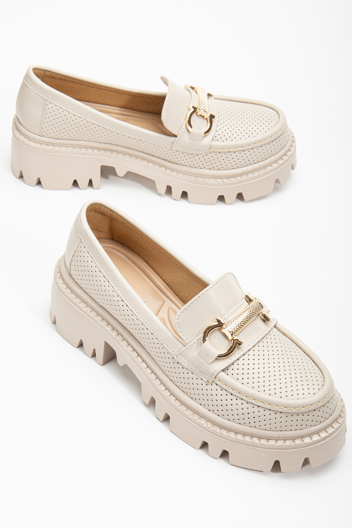 Kadın Ten Cilt Rahat Kalıp Yüksek Poli Taban Önü Tokalı Loafer - Görsel 3