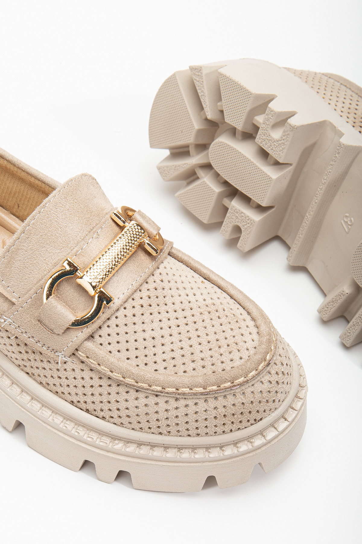 Kadın Ten Süet Rahat Kalıp Yüksek Poli Taban Önü Tokalı Loafer - Görsel 4