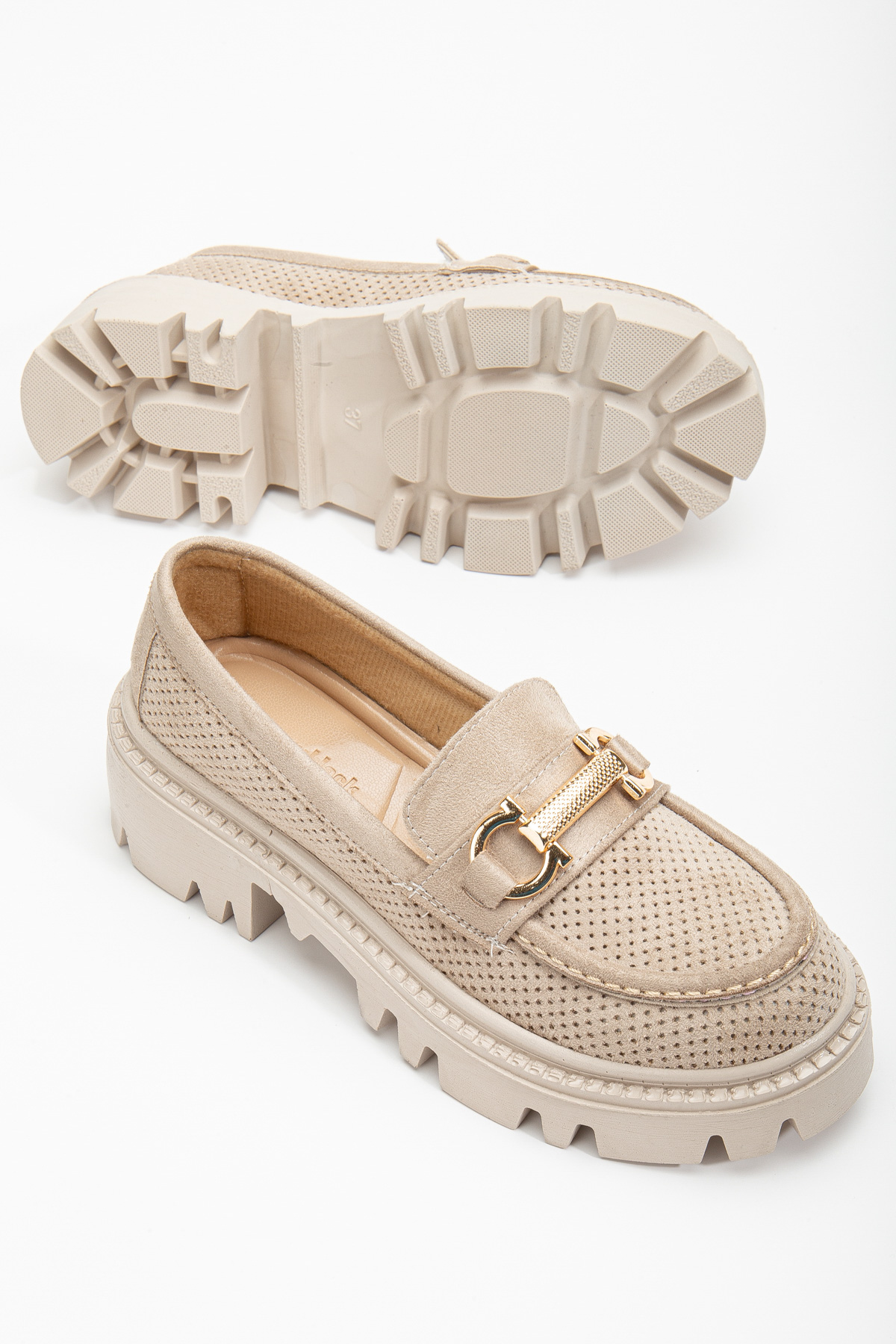 Kadın Ten Süet Rahat Kalıp Yüksek Poli Taban Önü Tokalı Loafer - Görsel 5