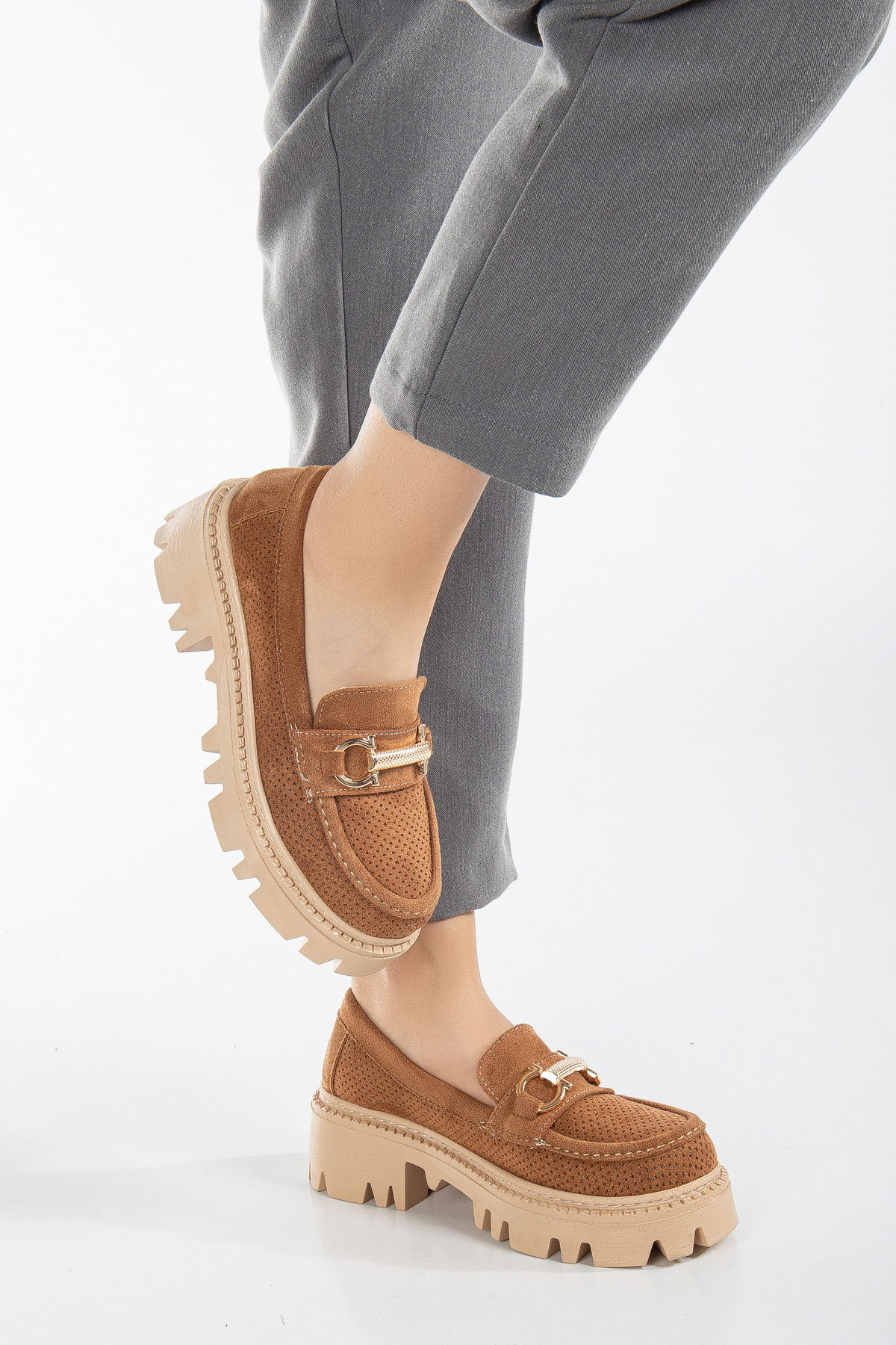 Kadın Taba Süet Rahat Kalıp Yüksek Poli Taban Önü Tokalı Loafer - Görsel 2