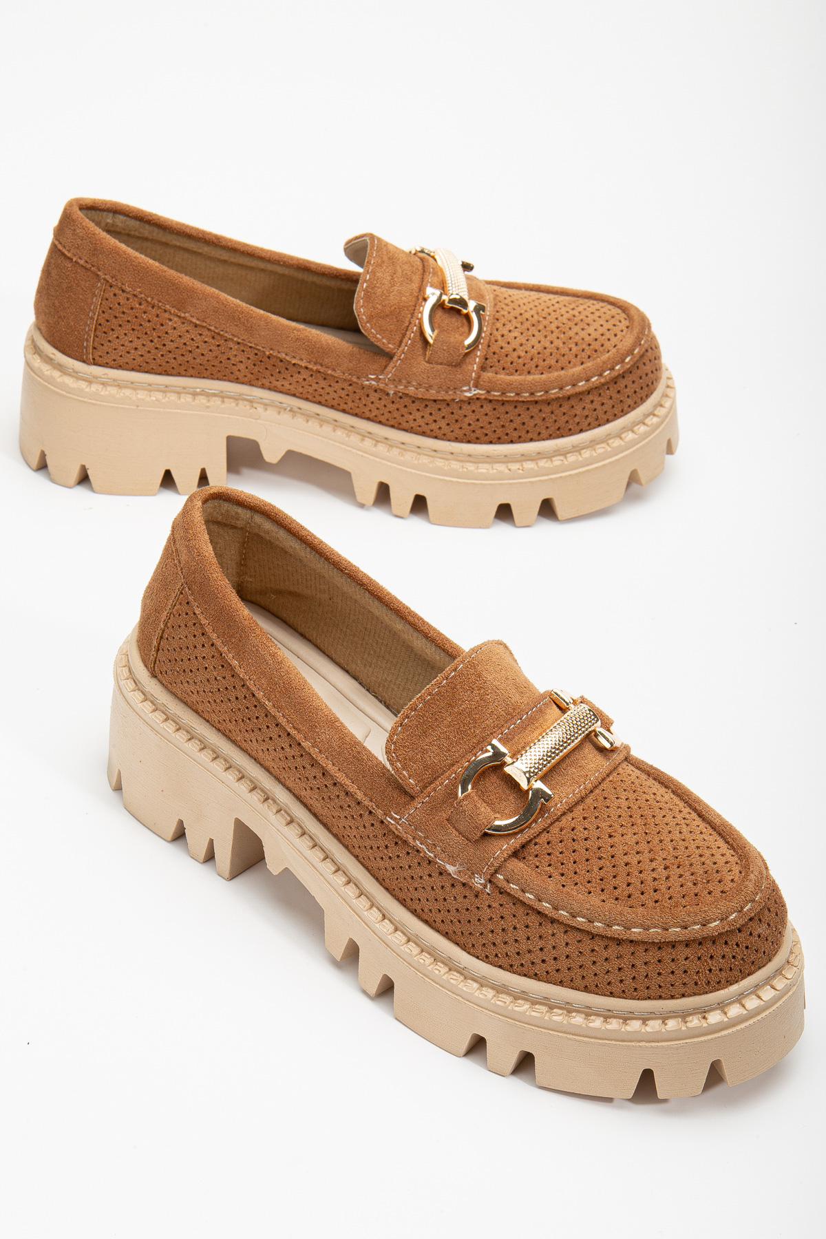 Kadın Taba Süet Rahat Kalıp Yüksek Poli Taban Önü Tokalı Loafer - Görsel 3