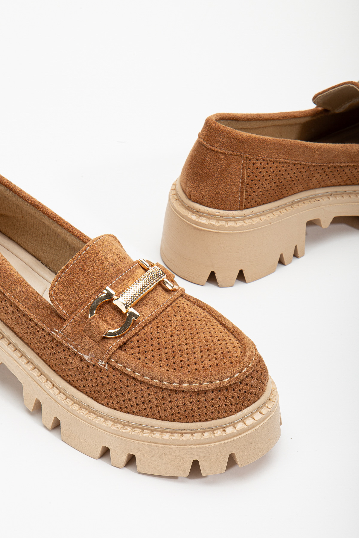 Kadın Taba Süet Rahat Kalıp Yüksek Poli Taban Önü Tokalı Loafer - Görsel 4