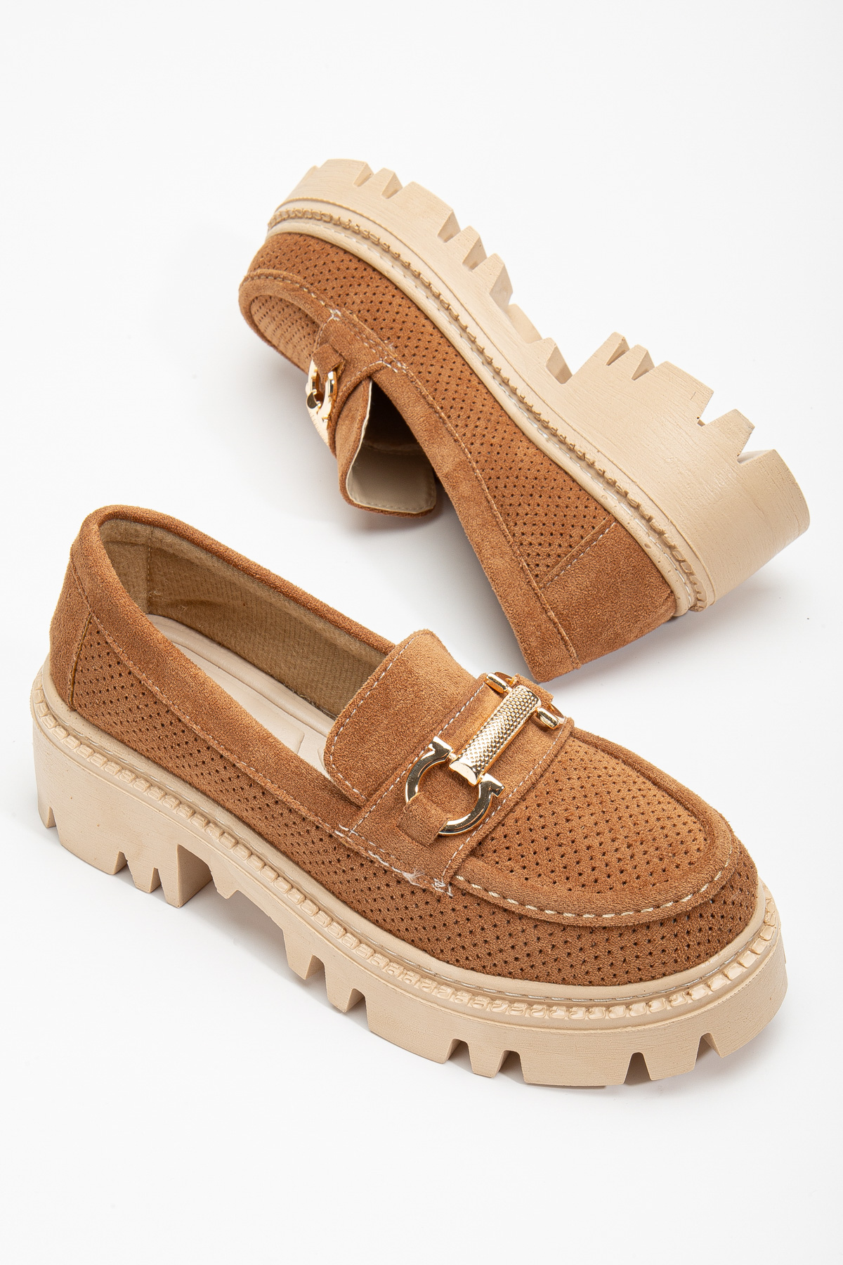 Kadın Taba Süet Rahat Kalıp Yüksek Poli Taban Önü Tokalı Loafer - Görsel 5