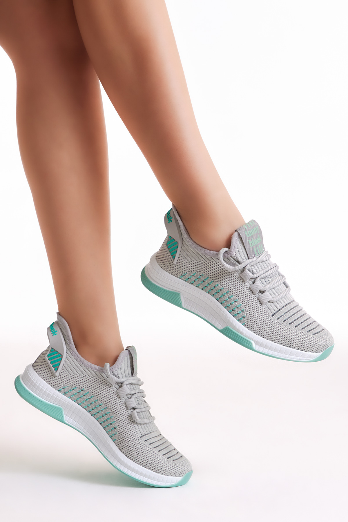 Unisex Gri Yeşil Poli Taban Tekstil Kumaş Bağcıklı Spor Ayakkabı - Görsel 3