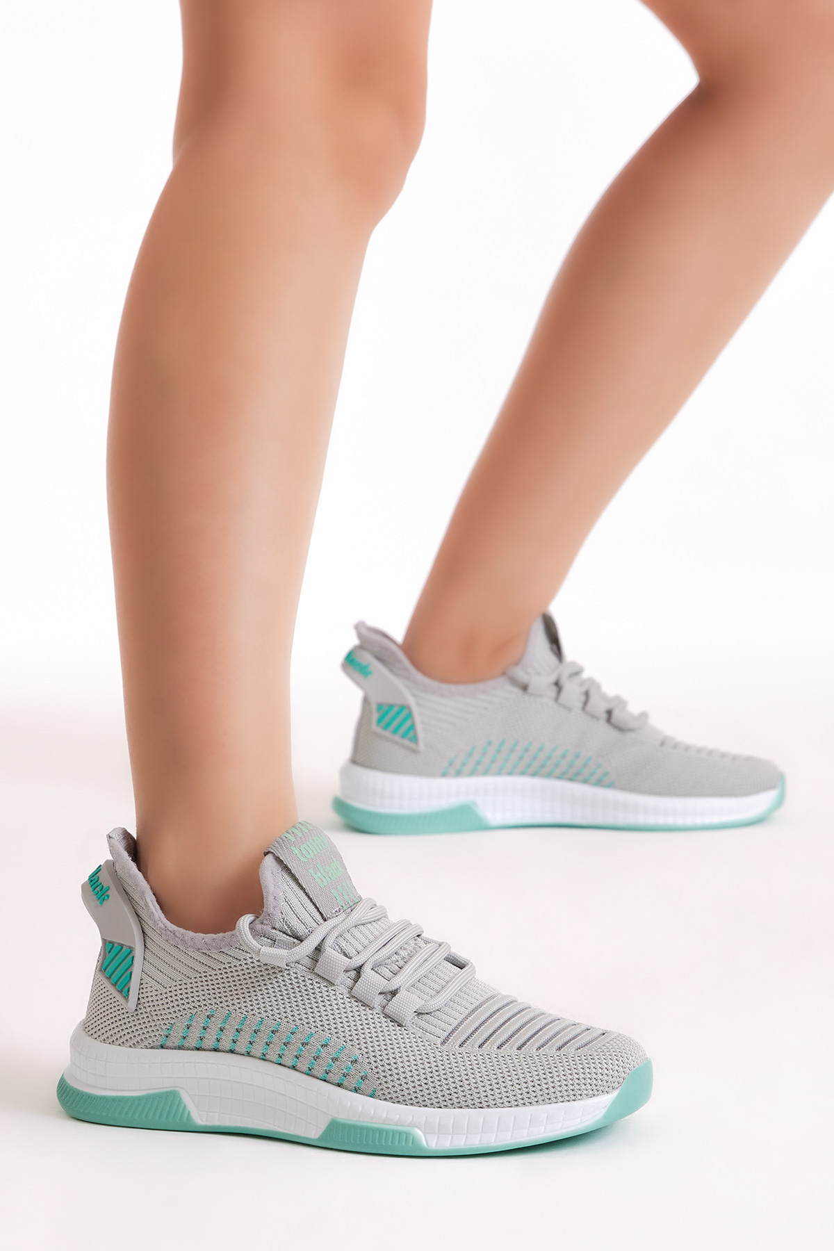 Unisex Gri Yeşil Poli Taban Tekstil Kumaş Bağcıklı Spor Ayakkabı - Görsel 4