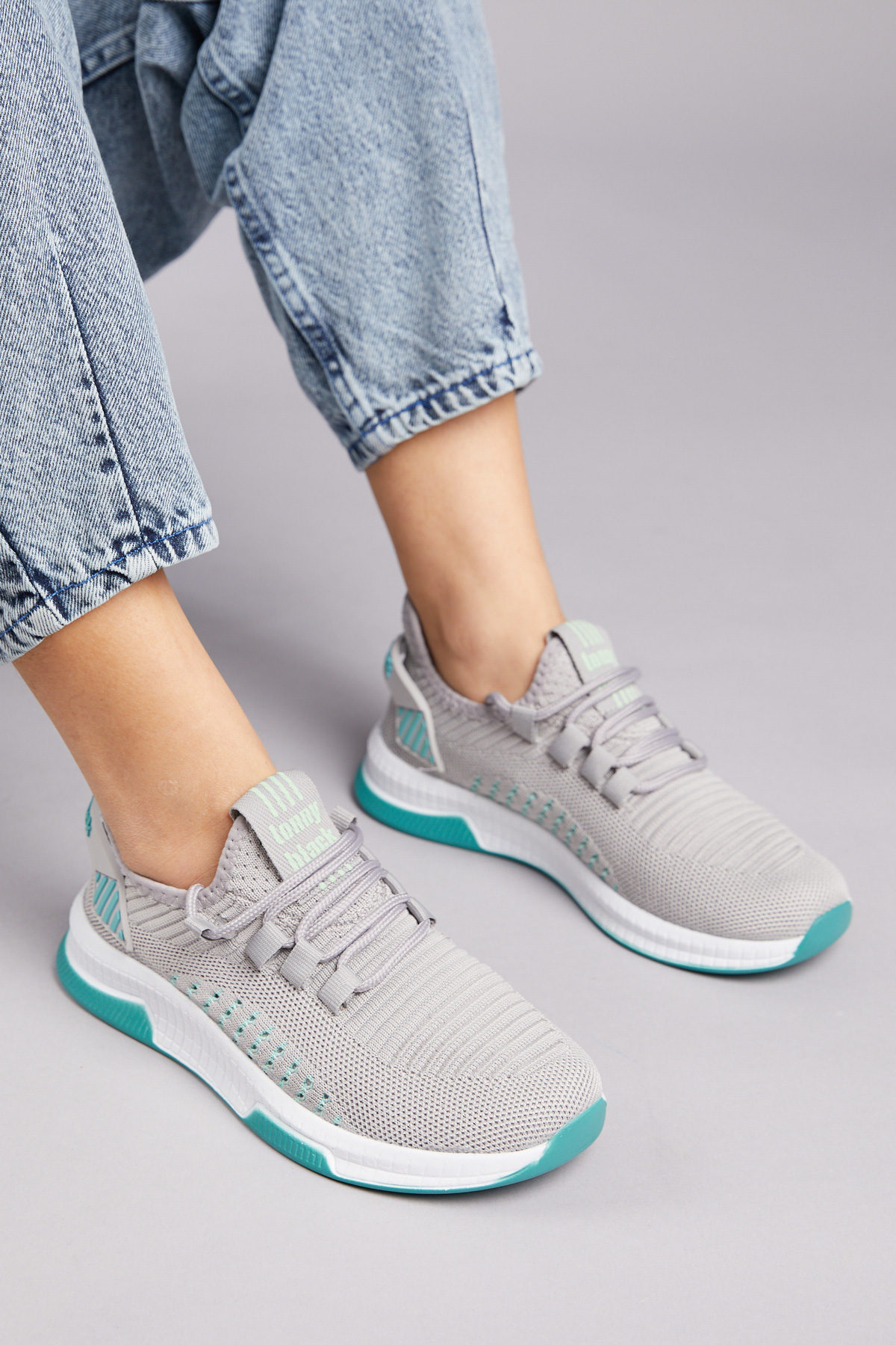 Unisex Gri Yeşil Poli Taban Tekstil Kumaş Bağcıklı Spor Ayakkabı - Görsel 6