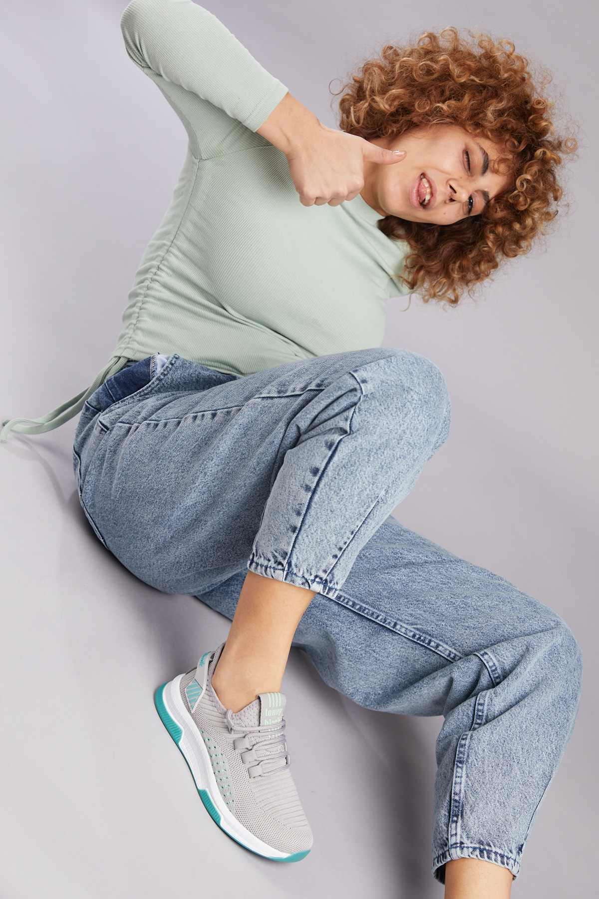 Unisex Gri Yeşil Poli Taban Tekstil Kumaş Bağcıklı Spor Ayakkabı - Görsel 7