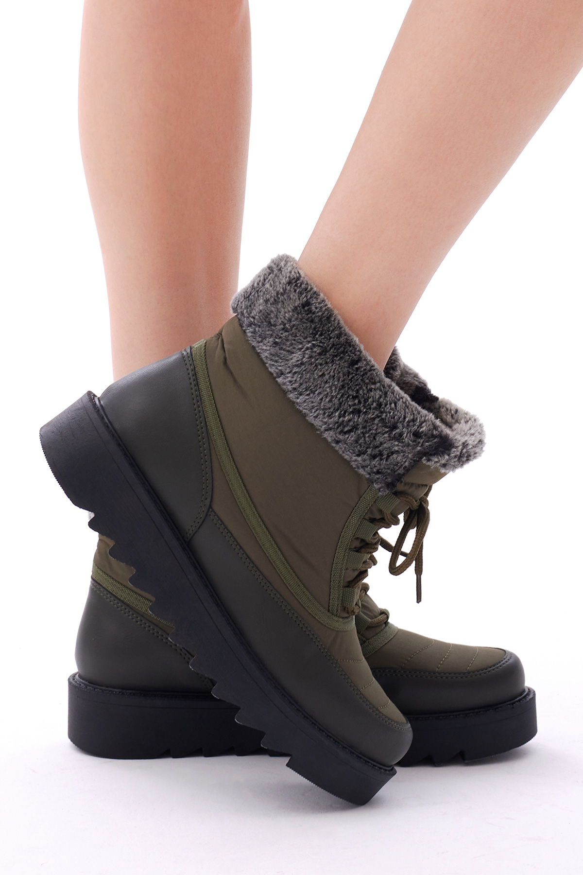 Kadın Haki Rahat Kalıp Önü Bağcıklı İçi Kürklü Kar Botu - Görsel 1