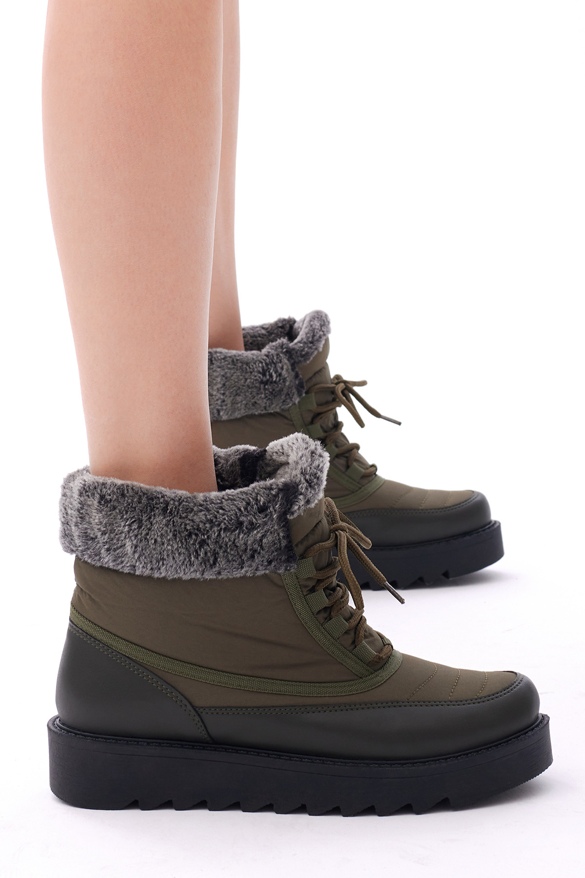 Kadın Haki Rahat Kalıp Önü Bağcıklı İçi Kürklü Kar Botu - Görsel 2