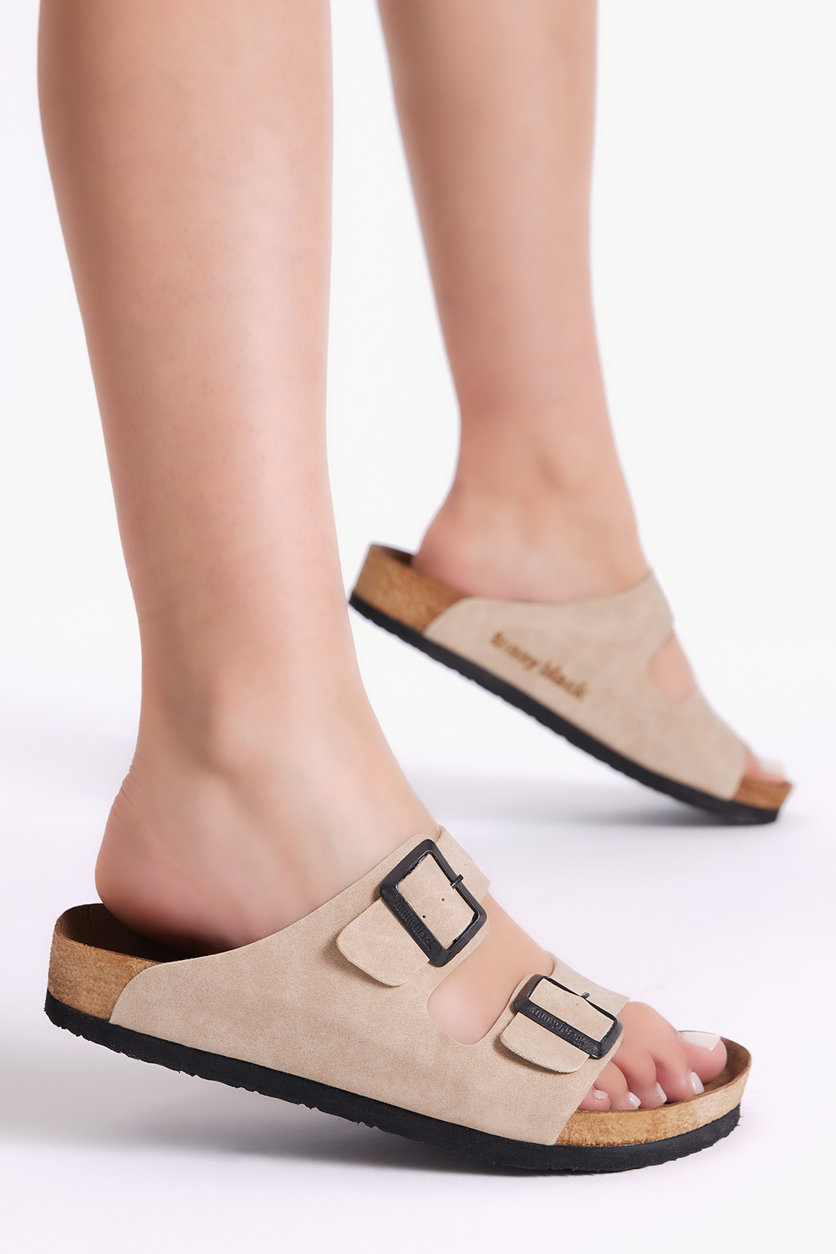 Unisex Krem Rahat Kalıp Poli Taban Çift Tokalı Nubuk Terlik - Görsel 4