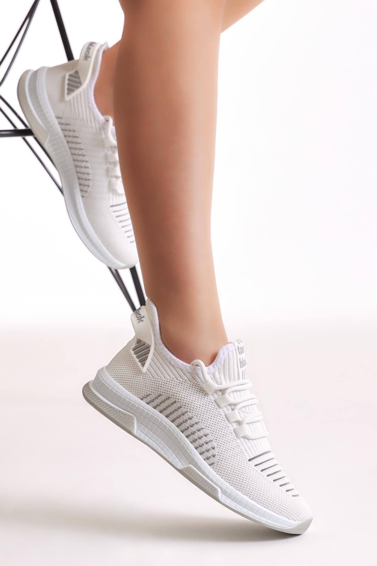 Unisex Beyaz Gri Poli Taban Tekstil Kumaş Bağcıklı Spor Ayakkabı - Görsel 4