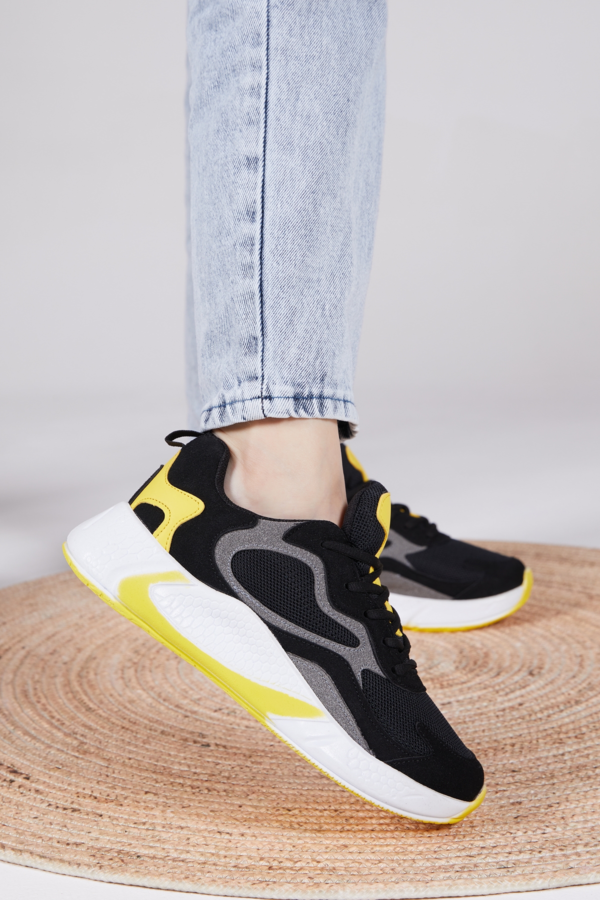 Unisex Siyah Sarı Rahat Kalıp Yüksek Taban Bağcıklı Spor Ayakkabı - Görsel 2