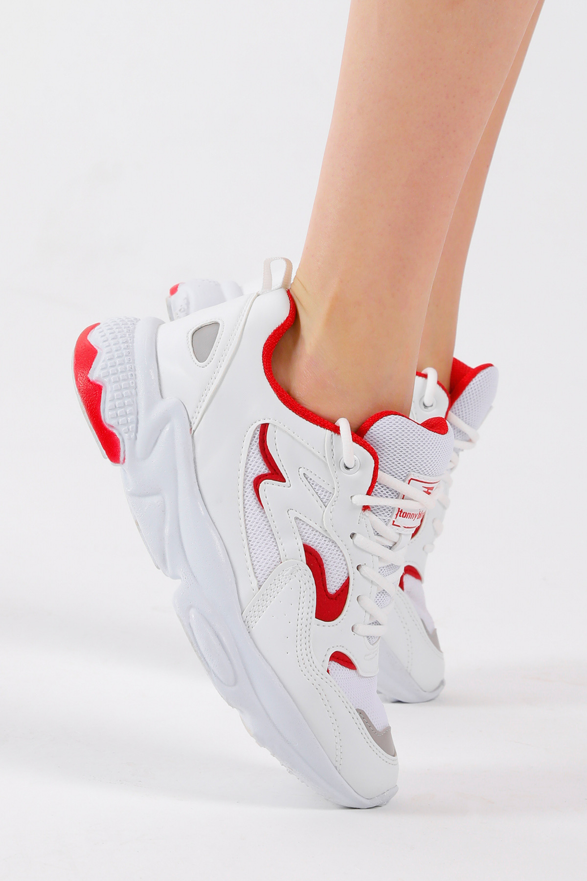 Unisex Beyaz Kırmızı Rahat Kalıp Yüksek Taban Bağcıklı Spor Ayakkabı - Görsel 6