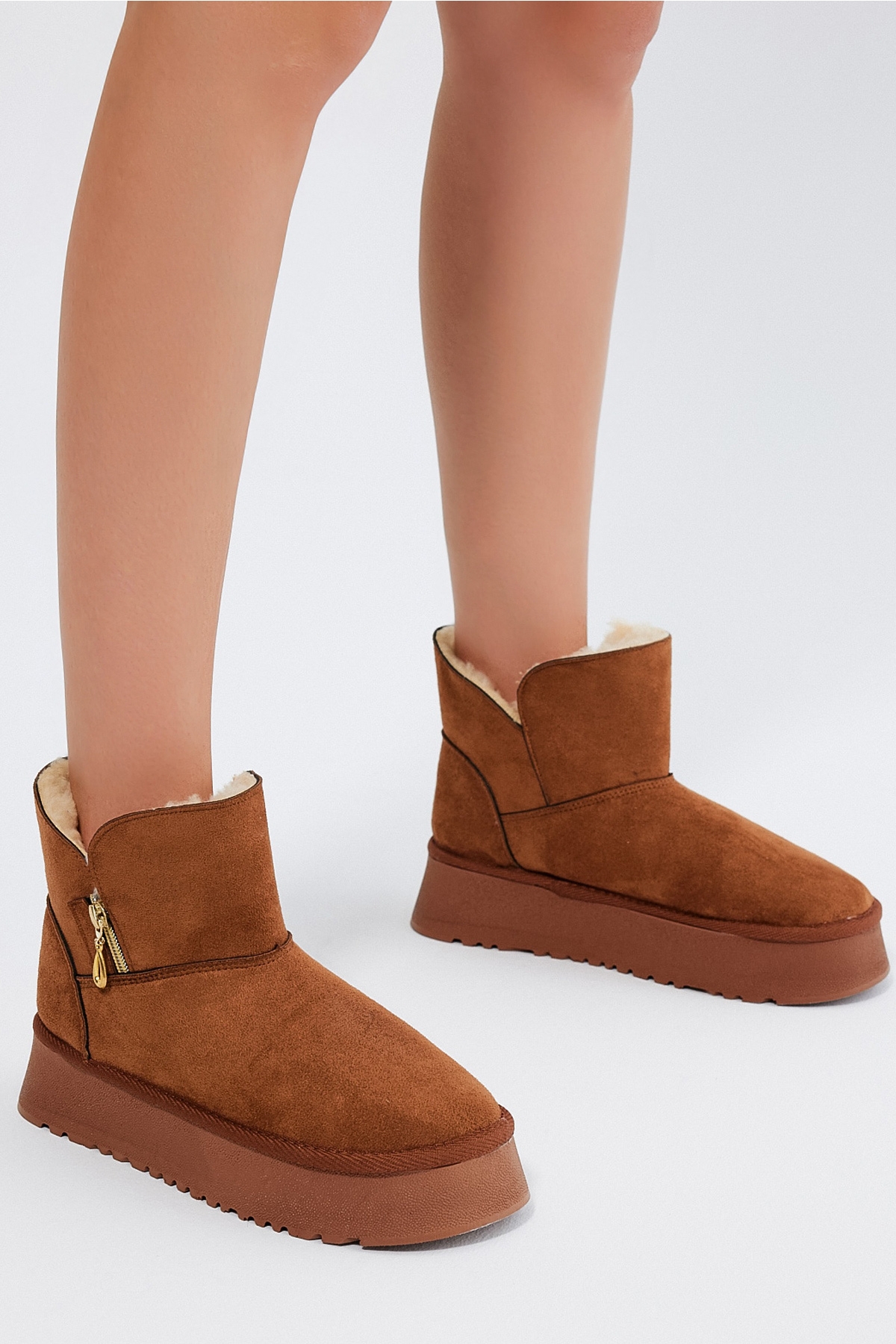Kadın Taba Süet Rahat Kalıp Fermuarlı Kürklü Süet Bot - Görsel 3