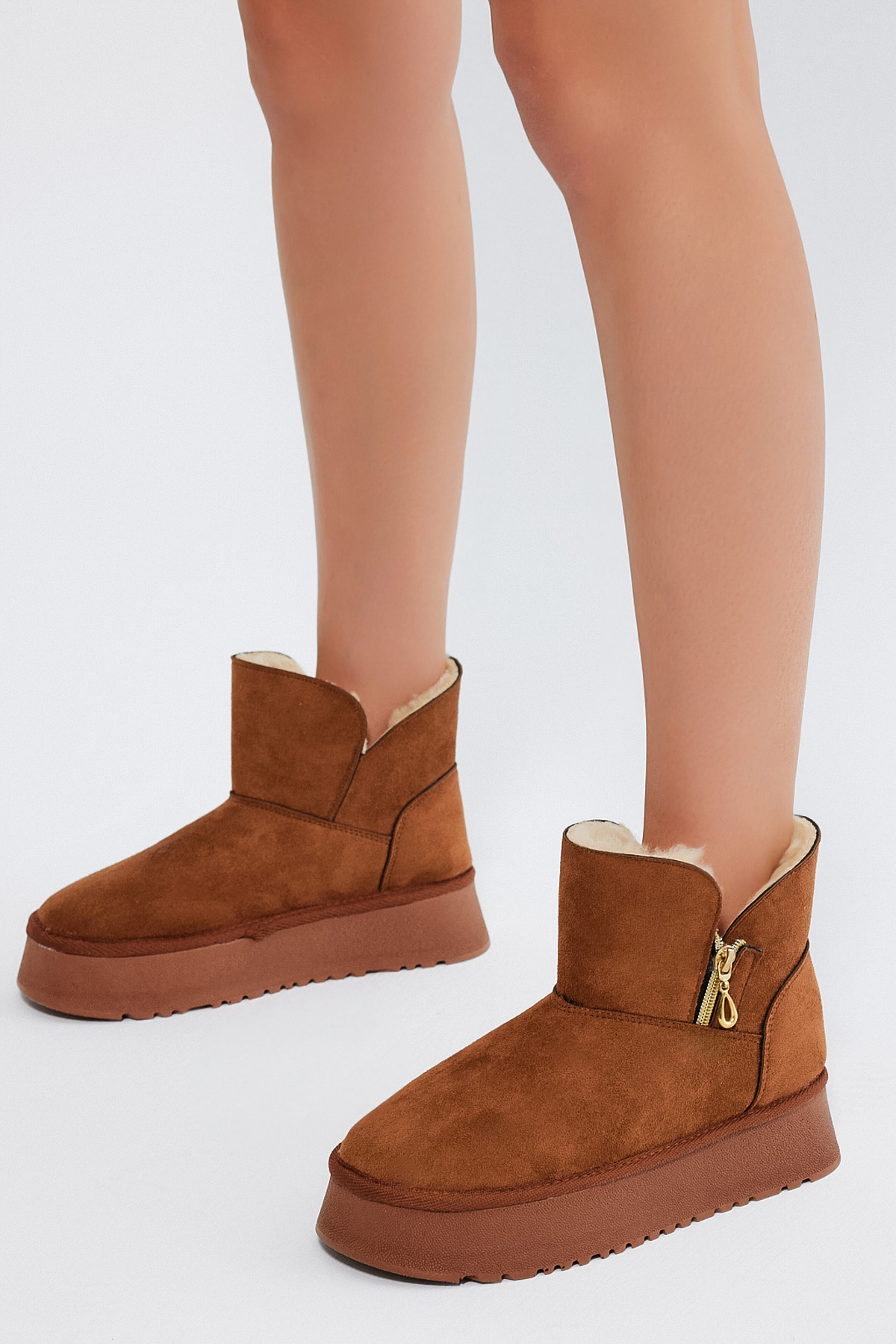 Kadın Taba Süet Rahat Kalıp Fermuarlı Kürklü Süet Bot - Görsel 4