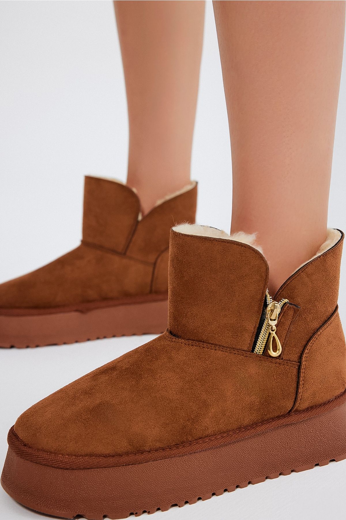 Kadın Taba Süet Rahat Kalıp Fermuarlı Kürklü Süet Bot - Görsel 5