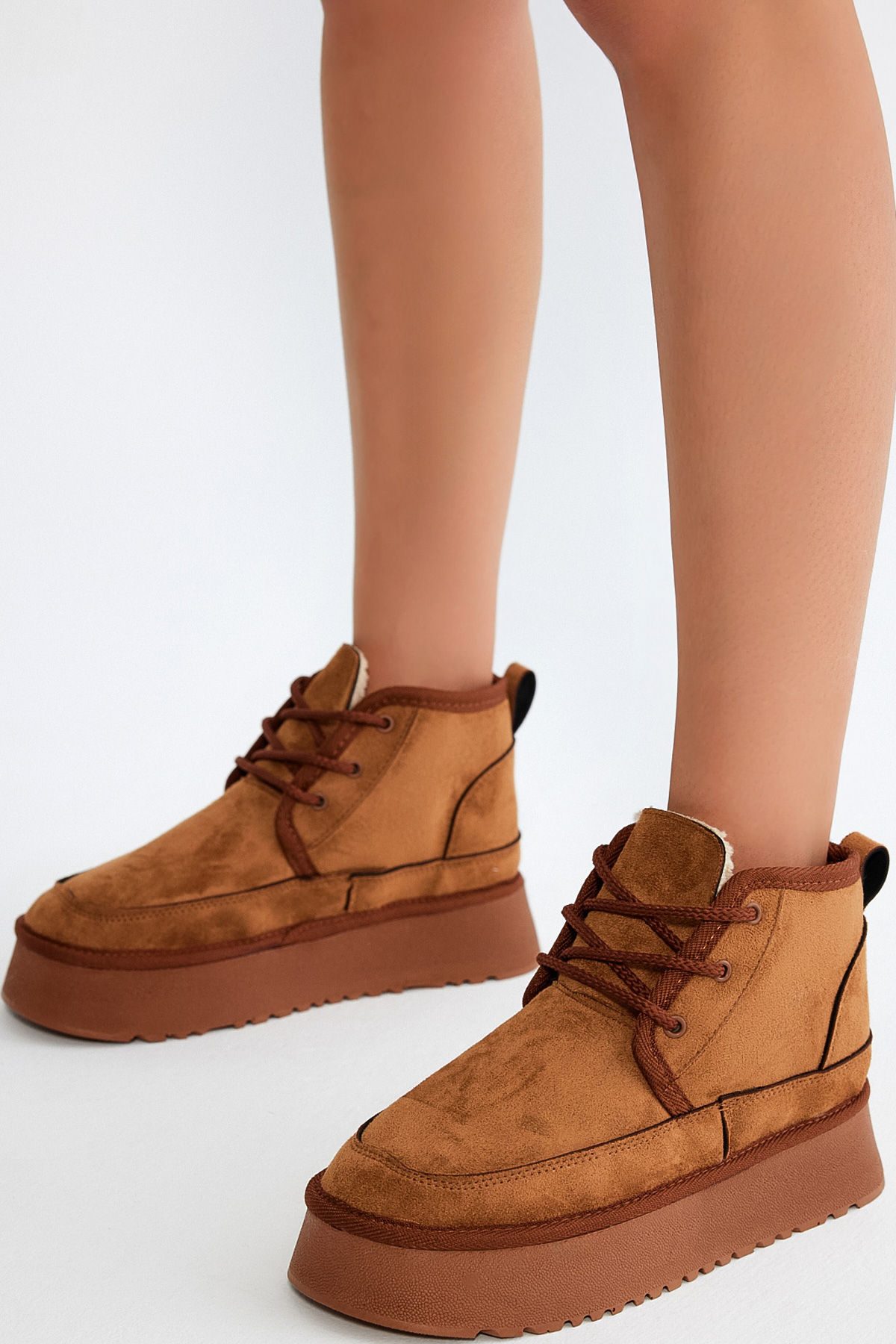 Kadın Taba Süet Rahat Kalıp Bağcıklı Kürklü Süet Bot - Görsel 5