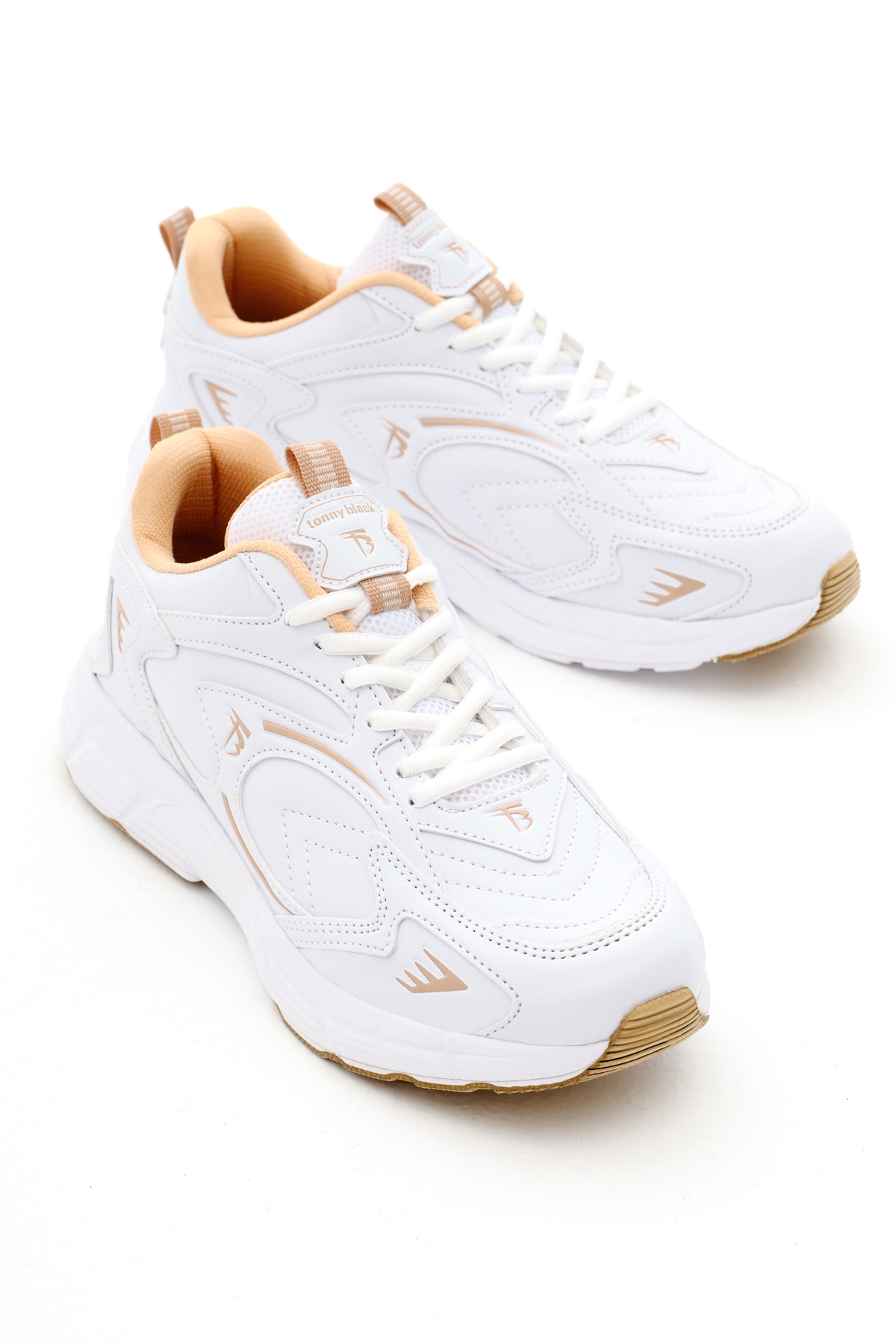 Unisex Beyaz Bej Rahat Kalıp Yüksek Faylon Taban Bağcıklı Spor Ayakkabı - Görsel 4