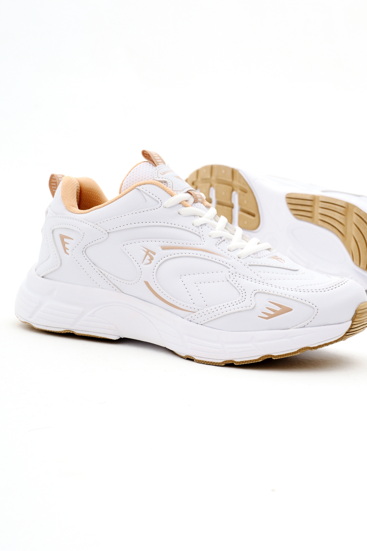 Unisex Beyaz Bej Rahat Kalıp Yüksek Faylon Taban Bağcıklı Spor Ayakkabı - Görsel 5
