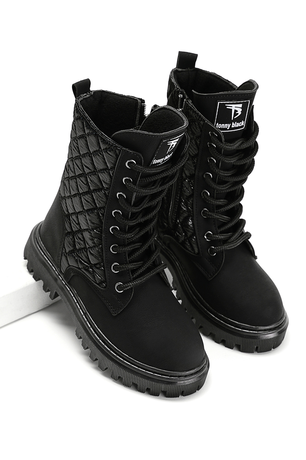 Kız Çocuk Siyah Termo Taban Kapitone Dikişli Bağcıklı ve Fermuarlı Uzun Bot - Görsel 3