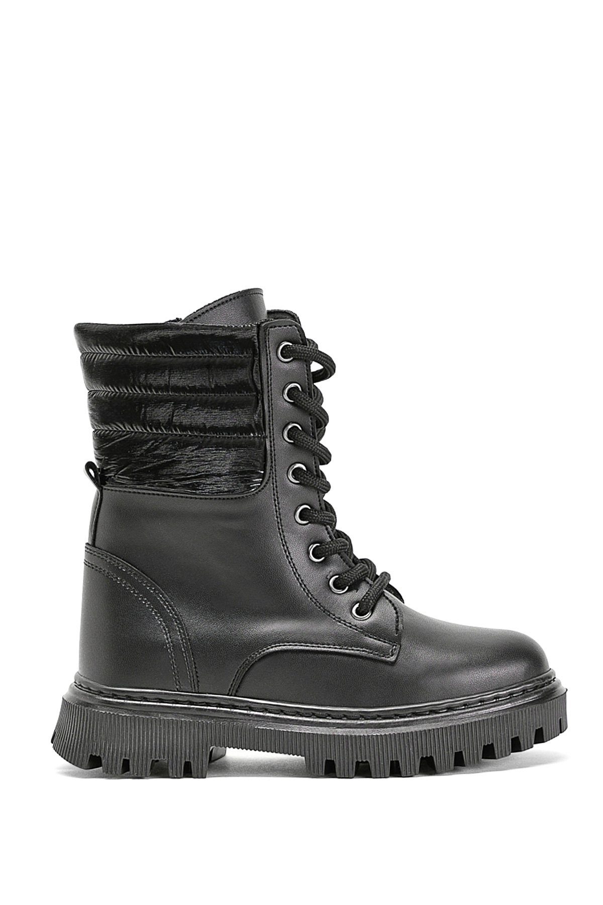 Kız Çocuk Siyah Cilt Termo Taban Yanı Kapitone Desenli Bağcıklı ve Fermuarlı Bot - Görsel 2