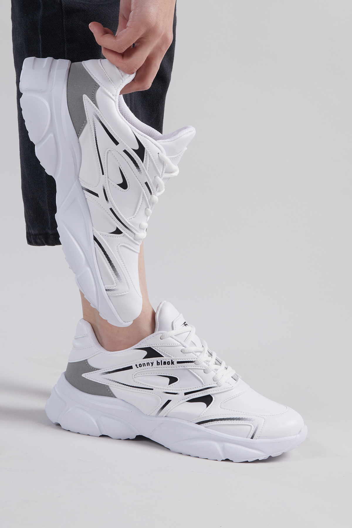 Unisex Beyaz Kalın Faylon Taban Desenli Bağcıklı Spor Ayakkabı - Görsel 2