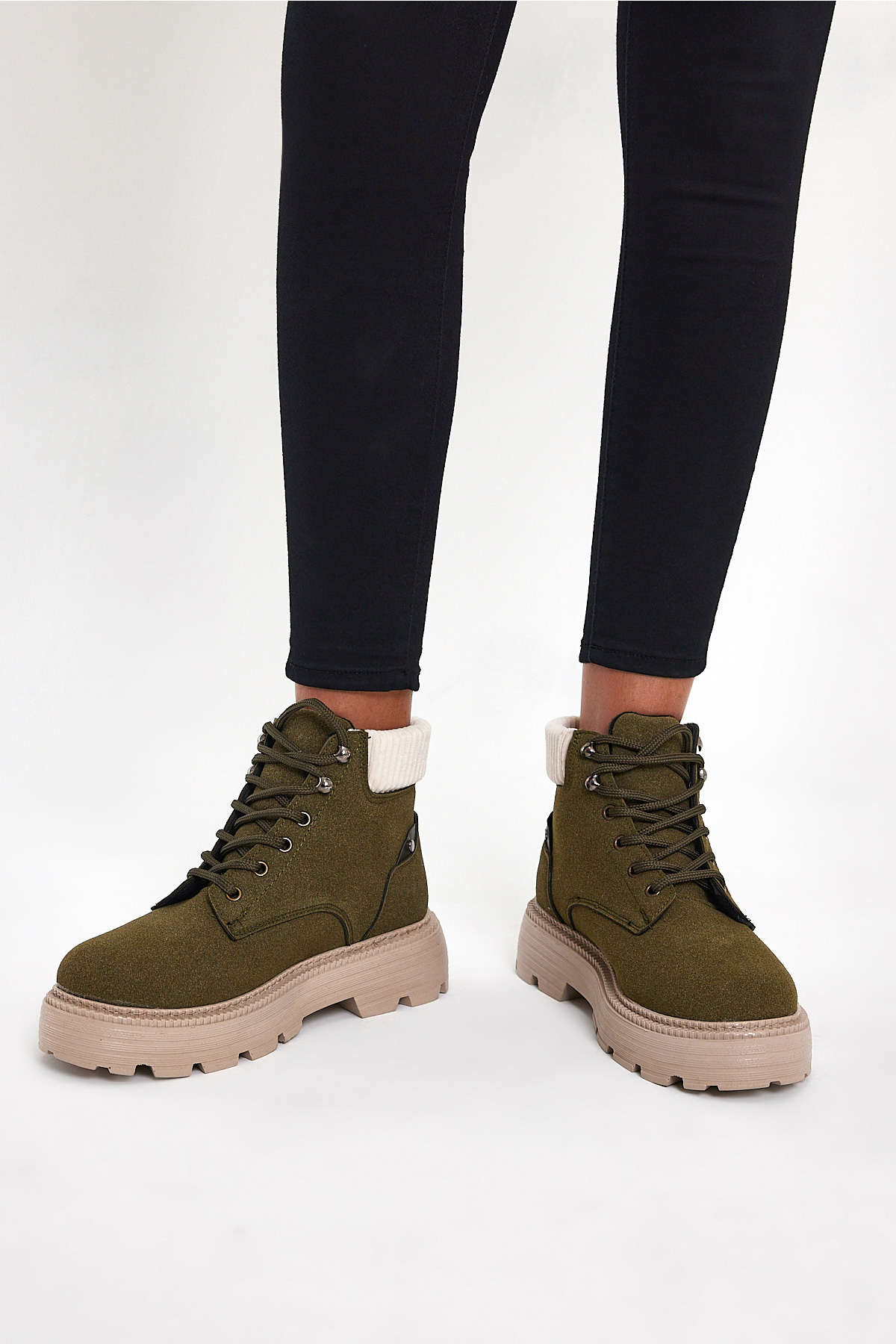 Kadın Haki Süet Kalın Poli Taban Bileği Lastikli Bağcıklı Bot - Görsel 6
