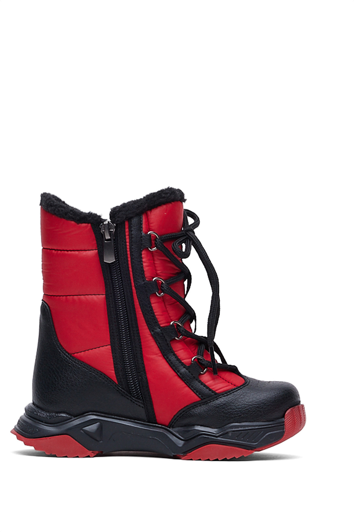 Çocuk Unisex Siyah Kırmızı Termo Taban Önü Bağcıklı Kar Botu - Görsel 2