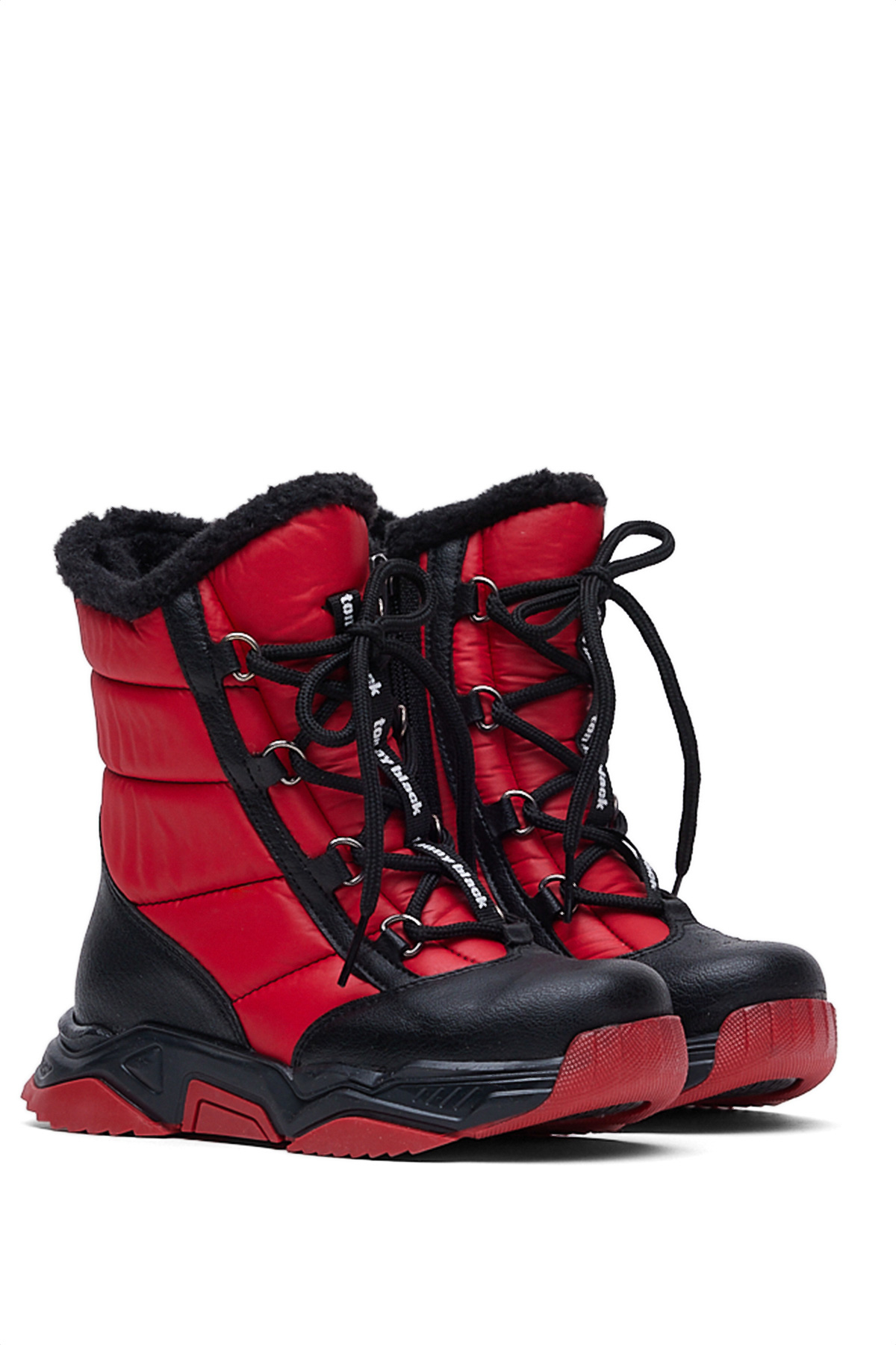 Çocuk Unisex Siyah Kırmızı Termo Taban Önü Bağcıklı Kar Botu - Görsel 4