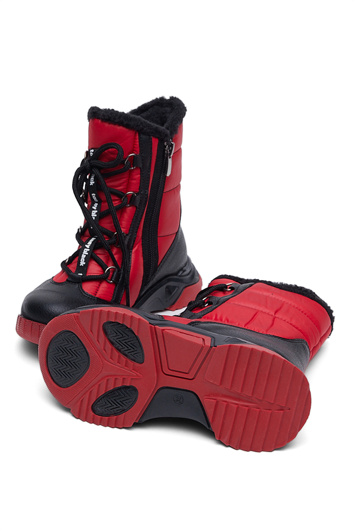 Çocuk Unisex Siyah Kırmızı Termo Taban Önü Bağcıklı Kar Botu - Görsel 6