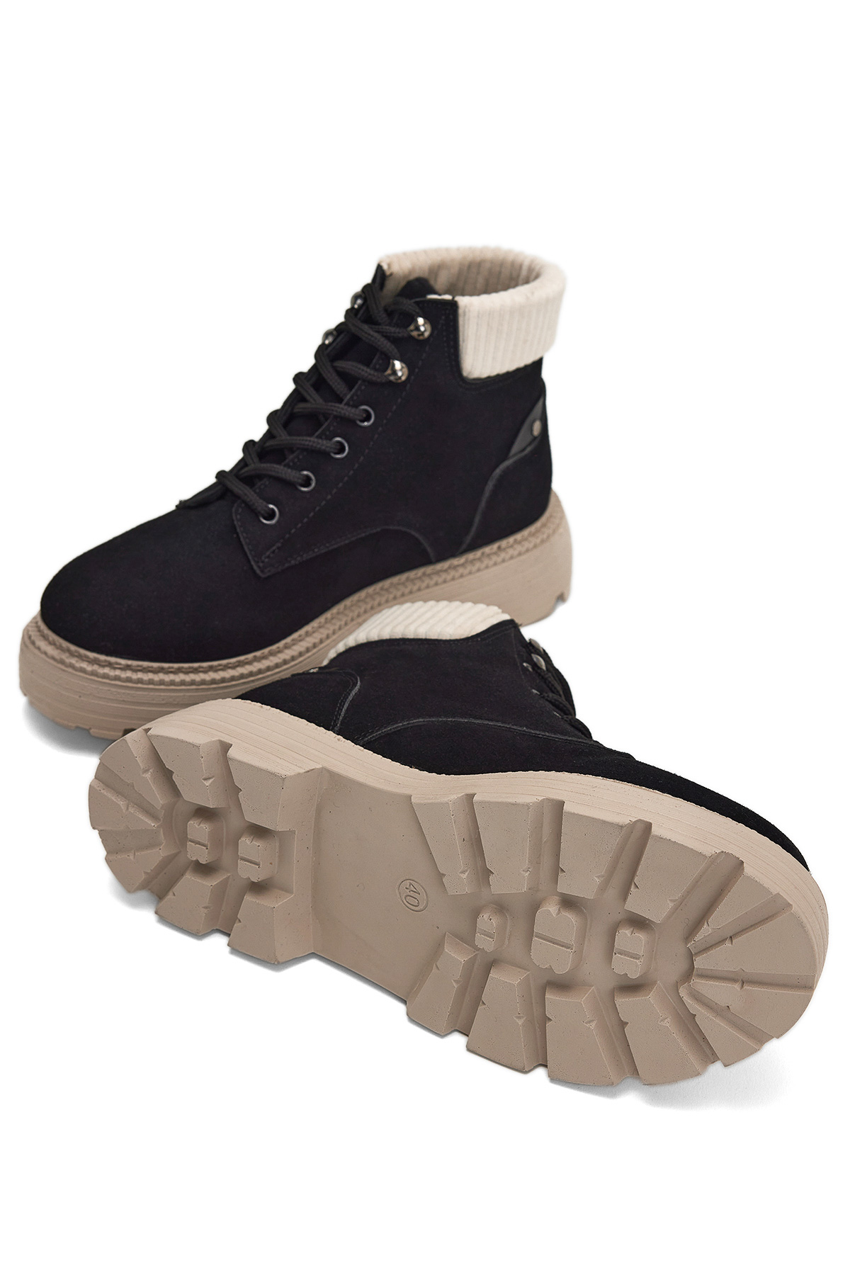 Kadın Siyah Süet Kalın Poli Taban Bileği Lastikli Bağcıklı Bot - Görsel 5