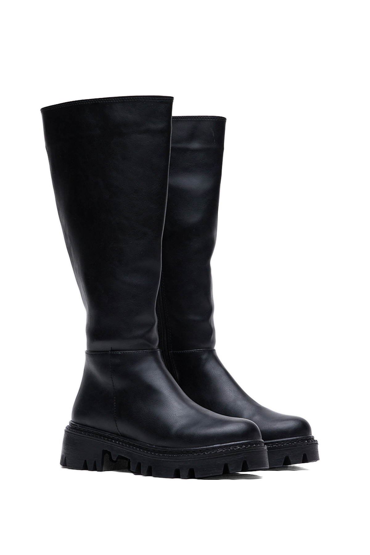 Kadın Siyah Cilt Rahat Kalıp Yüksek Taban Fermuarlı Çizme - Görsel 2