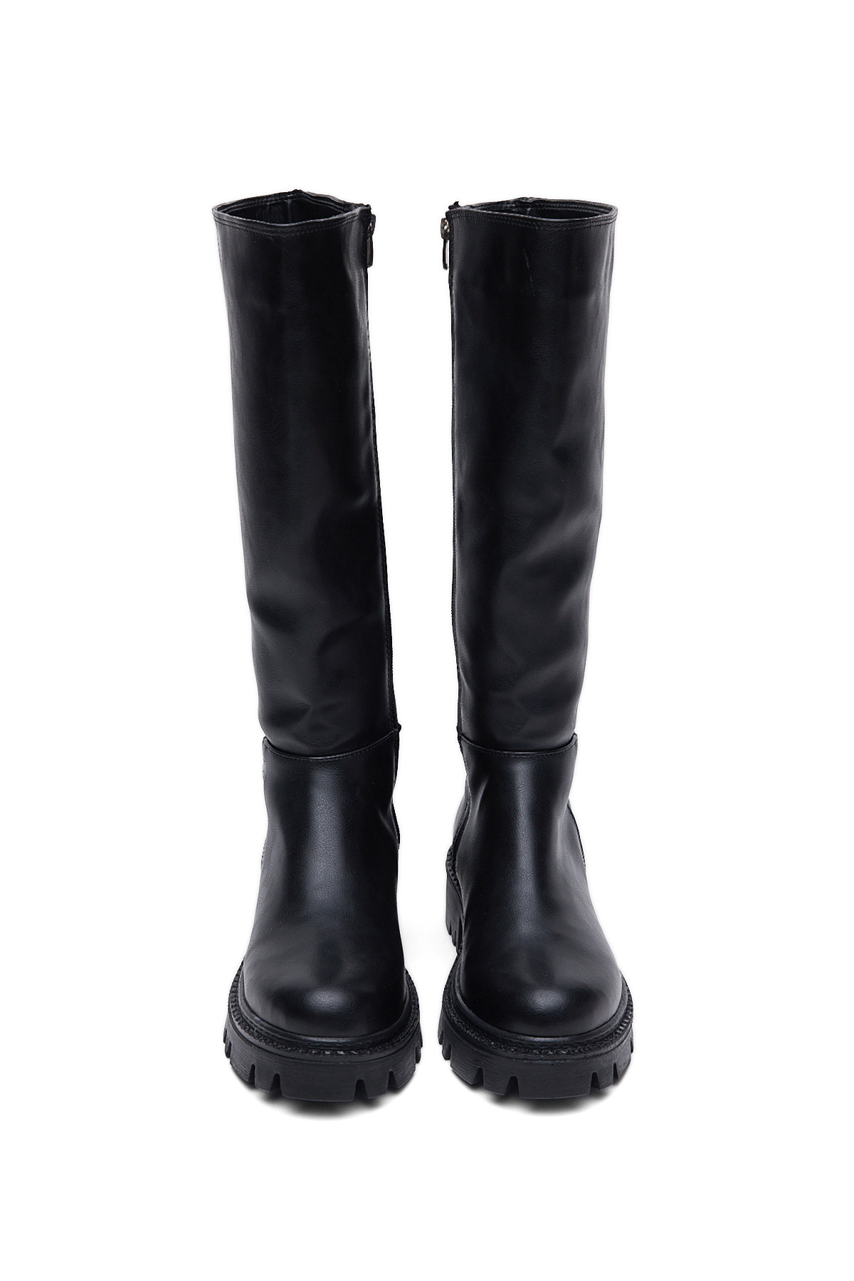 Kadın Siyah Cilt Rahat Kalıp Yüksek Taban Fermuarlı Çizme - Görsel 5