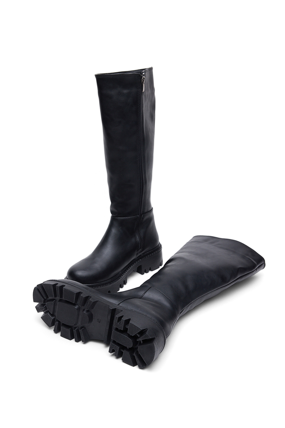 Kadın Siyah Cilt Rahat Kalıp Yüksek Taban Fermuarlı Çizme - Görsel 6