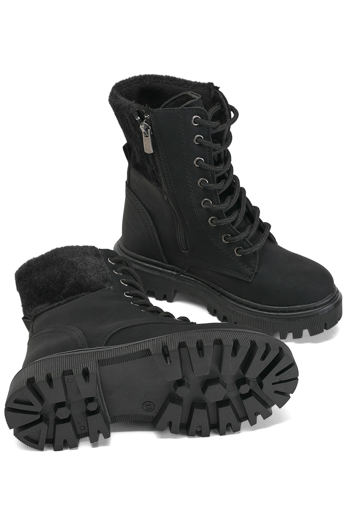 Kız Çocuk Siyah Termo Taban Kürk Detaylı Bağcıklı ve Fermuarlı Uzun Bot - Görsel 4