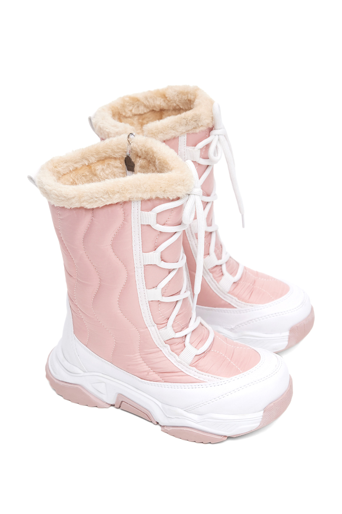 Çocuk Unisex Beyaz Pembe Rahat Kalıp Spor Taban Bağcık Detaylı Kar Botu - Görsel 5