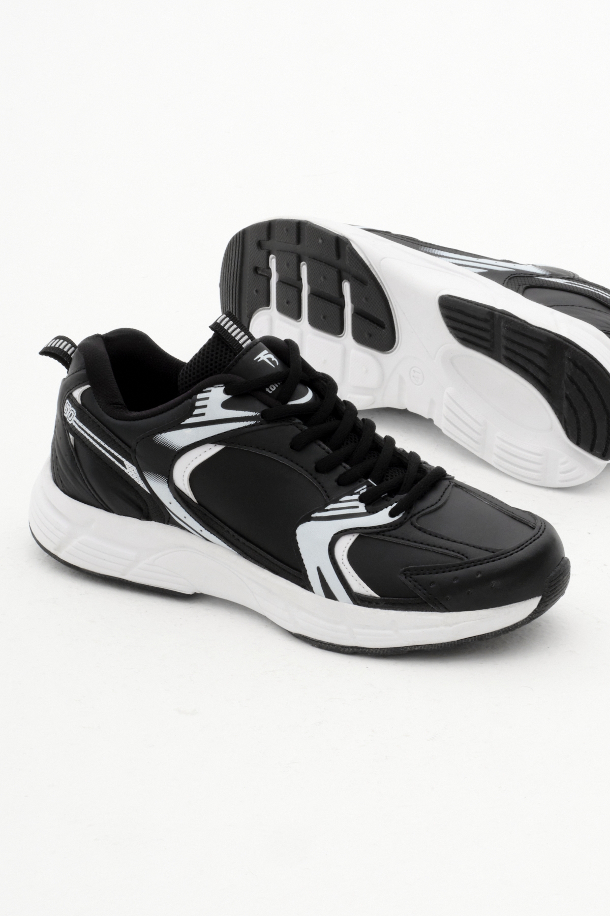 Unisex Siyah Cilt Rahat Kalıp Faylon Taban Bağcıklı Spor Ayakkabı - Görsel 5