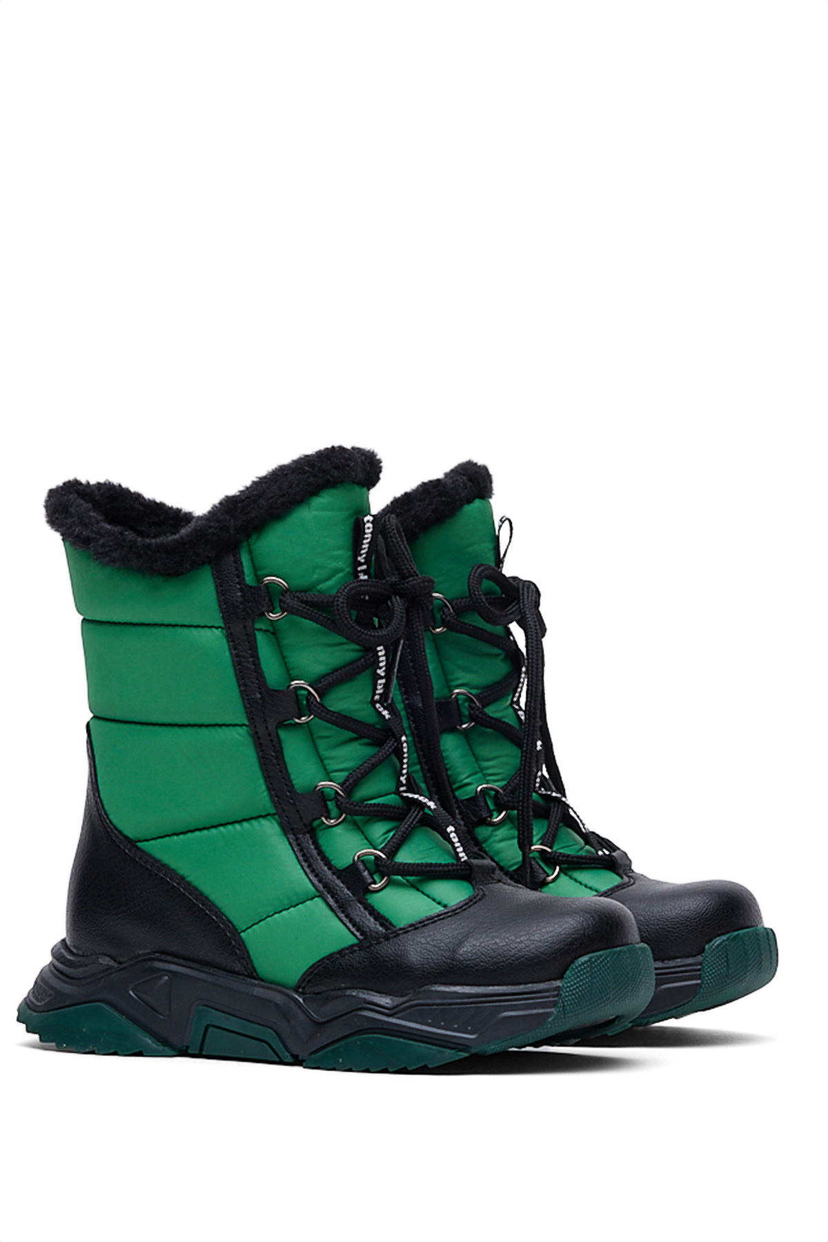 Çocuk Unisex Siyah Yeşil Termo Taban Önü Bağcıklı Kar Botu - Görsel 3