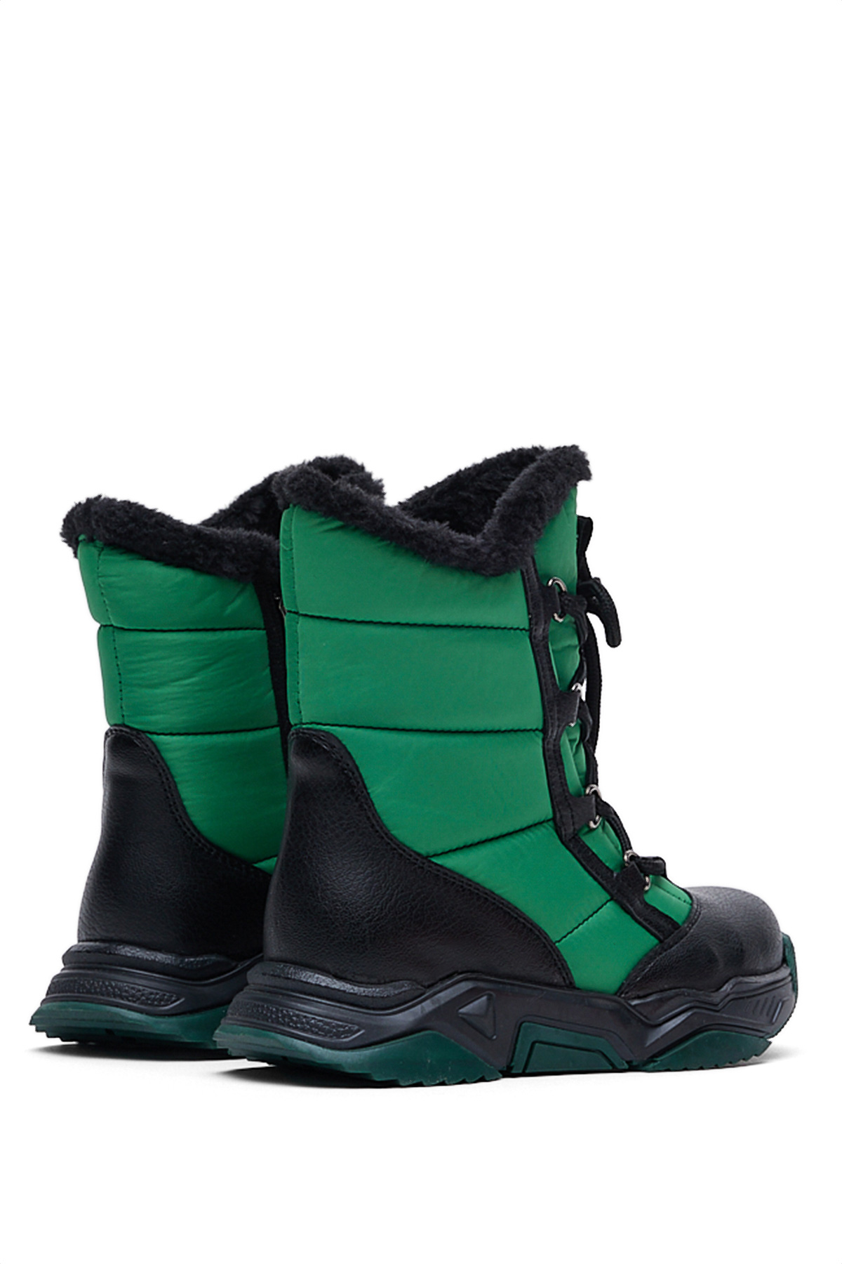 Çocuk Unisex Siyah Yeşil Termo Taban Önü Bağcıklı Kar Botu - Görsel 4