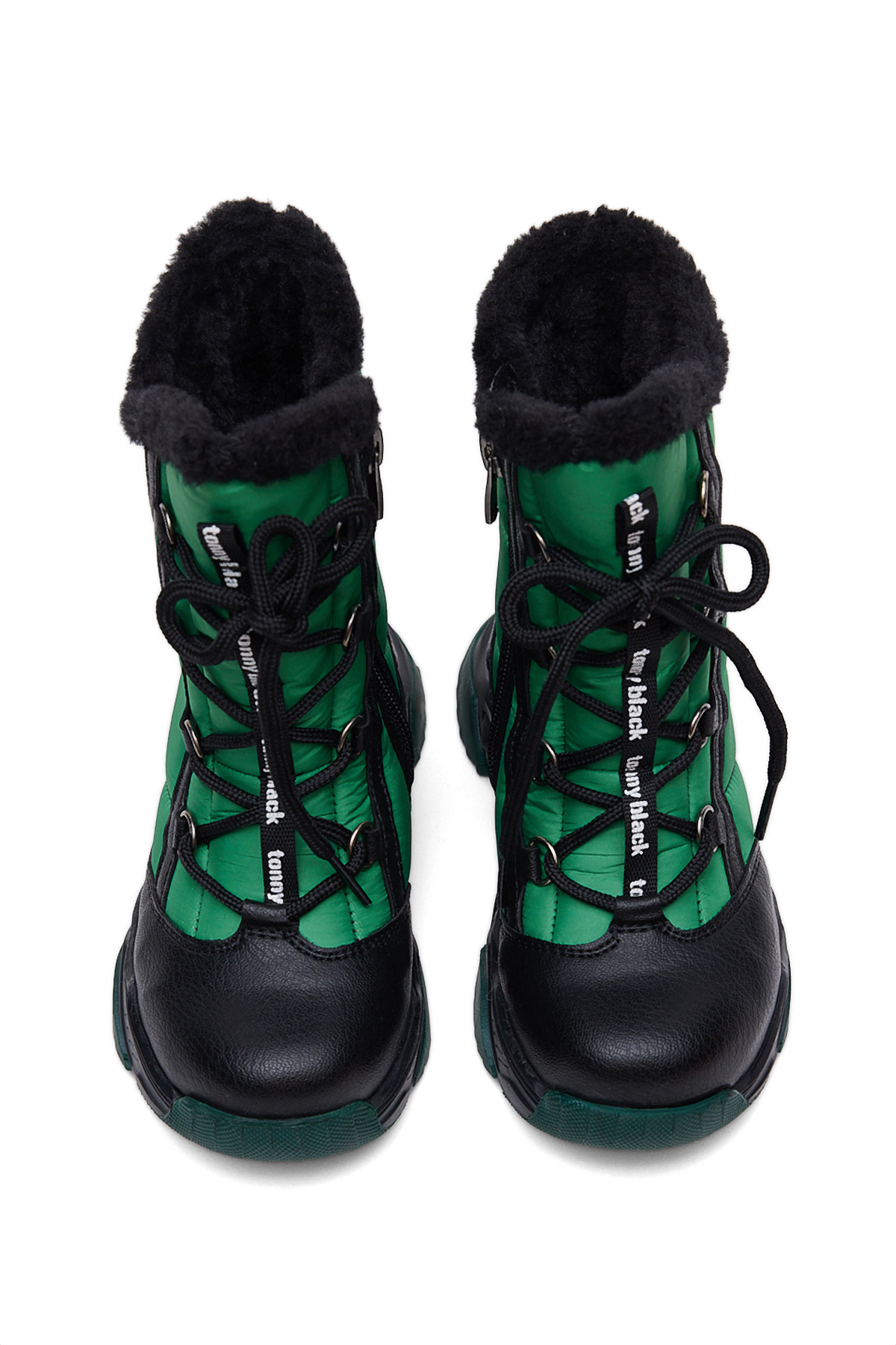 Çocuk Unisex Siyah Yeşil Termo Taban Önü Bağcıklı Kar Botu - Görsel 5