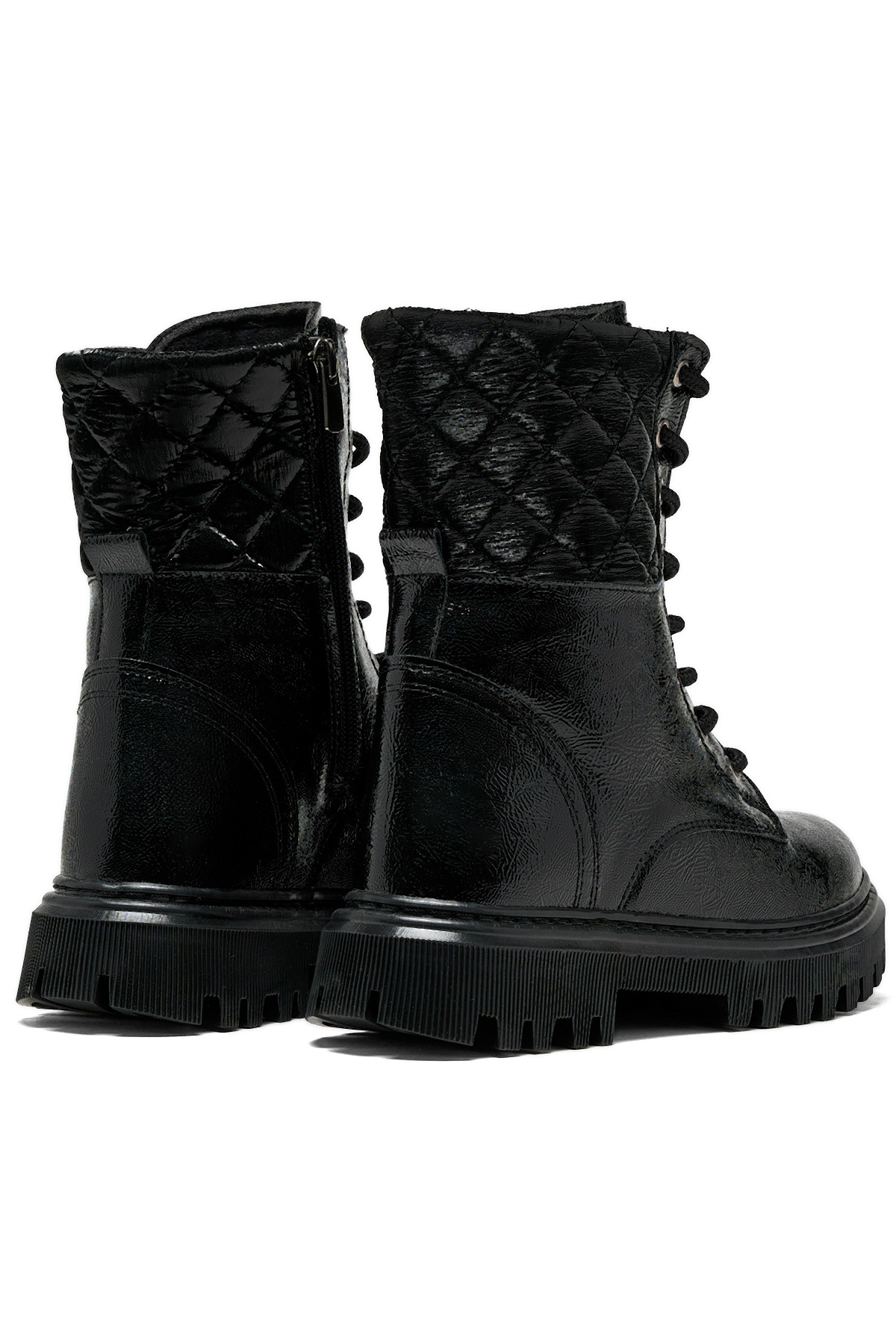 Kız Çocuk Siyah Rugan Termo Taban Kapitone Detaylı Bağcıklı ve Fermuarlı Uzun Bot - Görsel 4