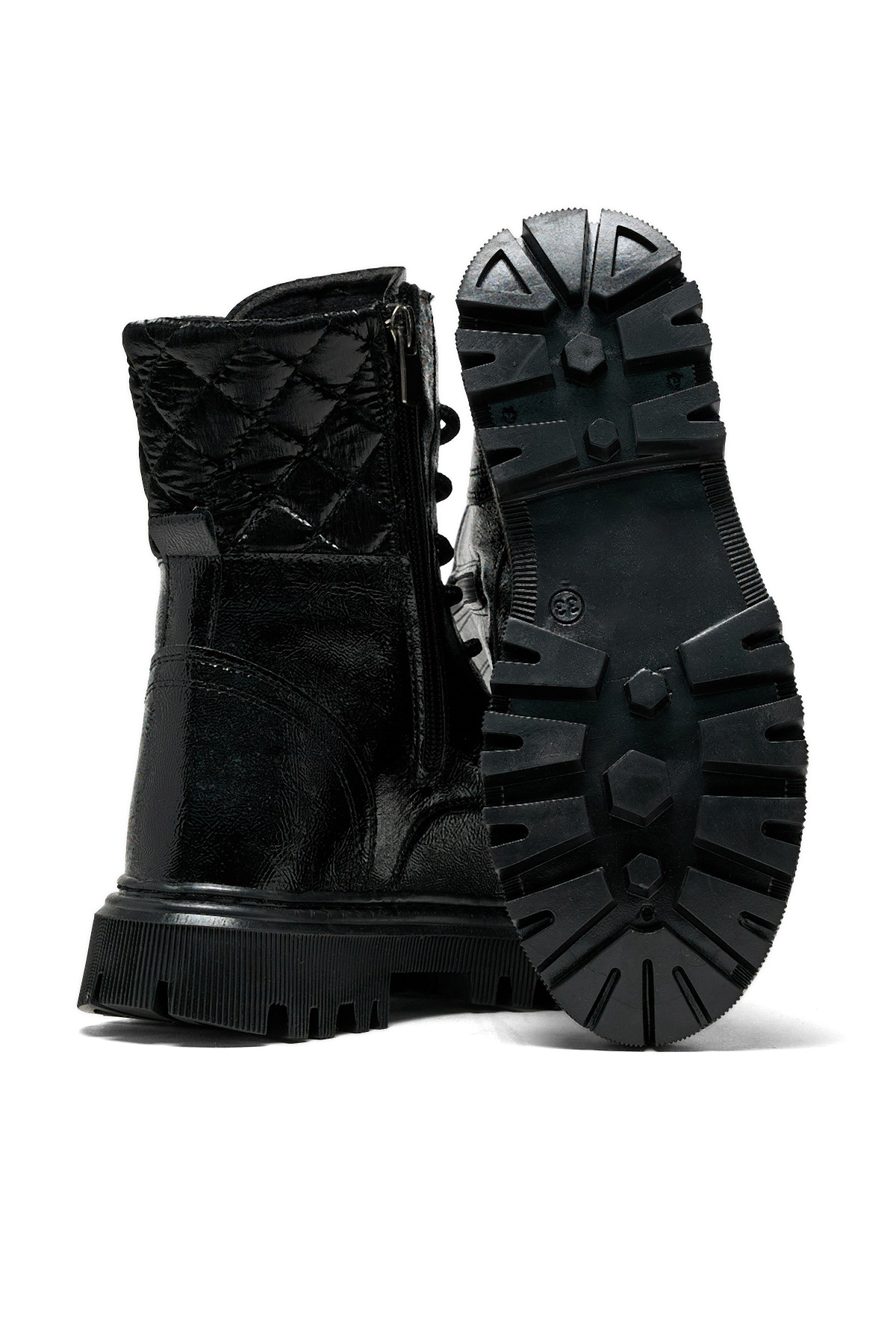 Kız Çocuk Siyah Rugan Termo Taban Kapitone Detaylı Bağcıklı ve Fermuarlı Uzun Bot - Görsel 5