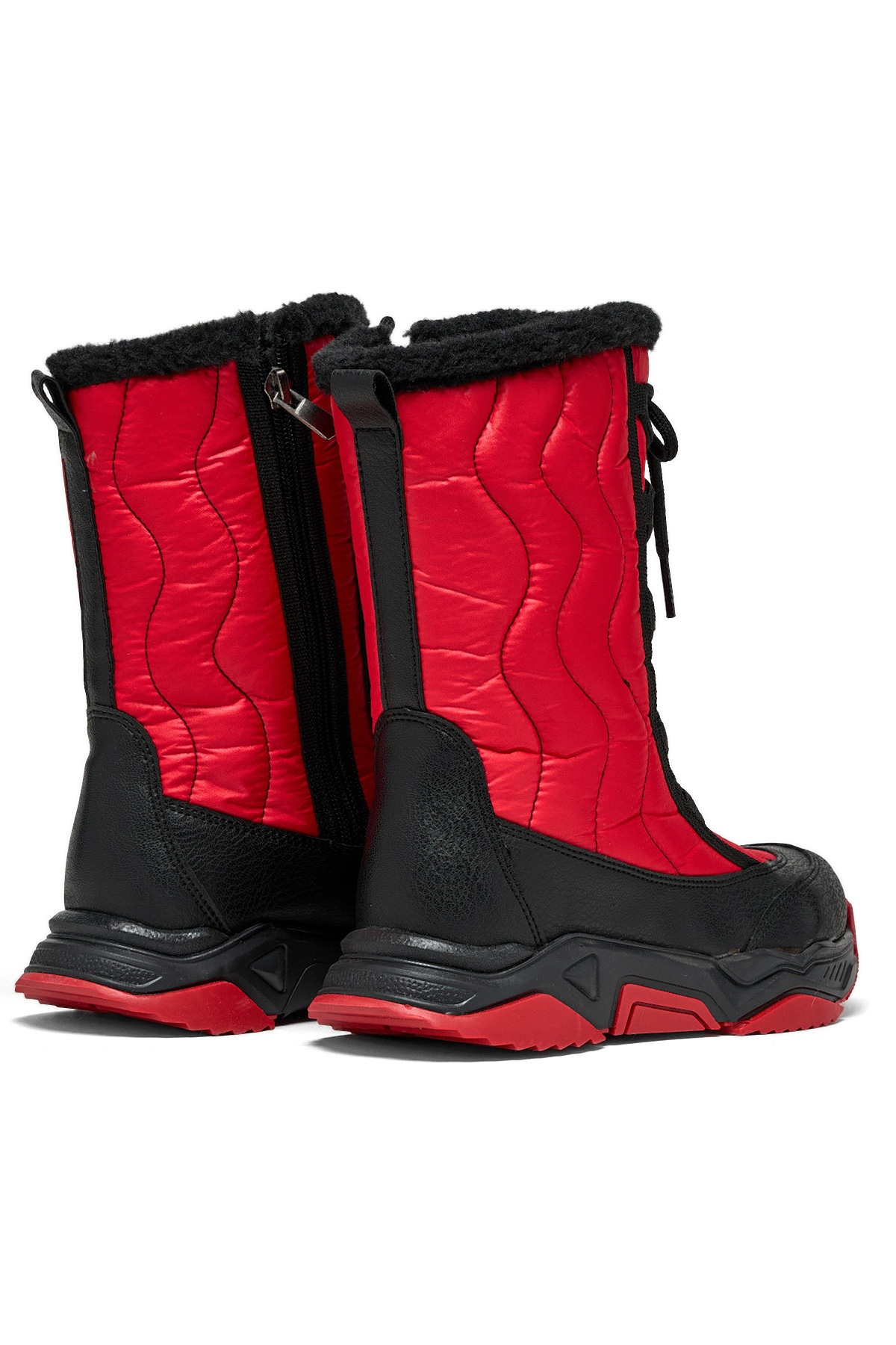 Çocuk Unisex Siyah Kırmızı Rahat Kalıp Spor Taban Bağcık Detaylı Kar Botu - Görsel 4